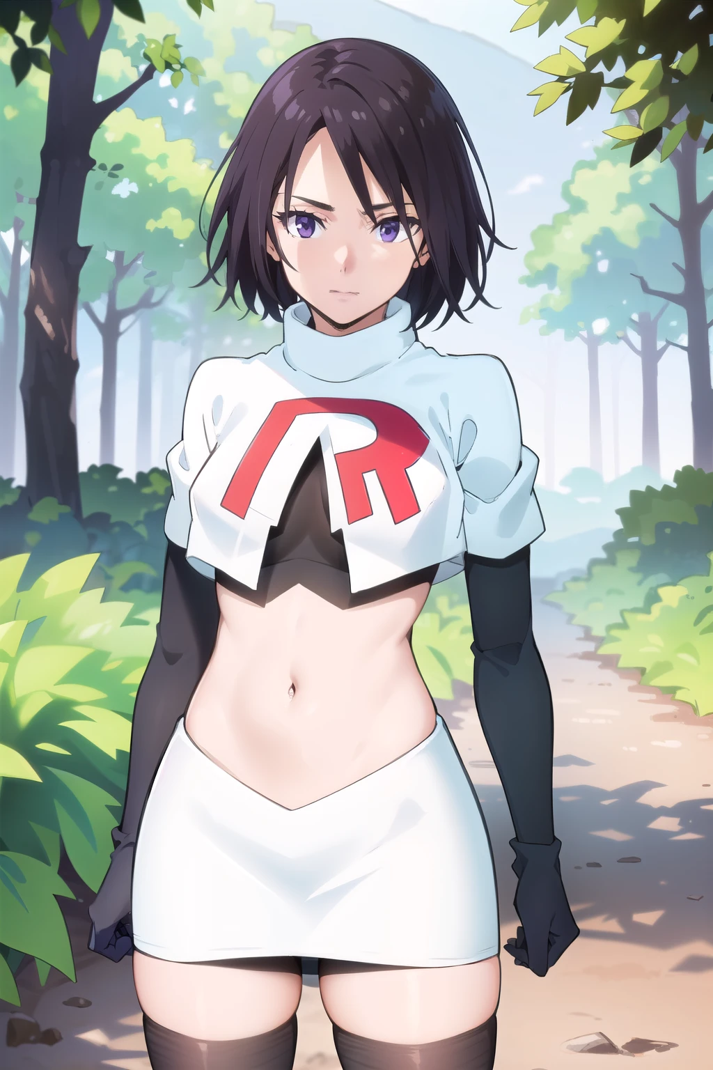 photorealistic, (4k), depth of field, (Masterpiece), (realistic skin texture), extremely detailed, intricate, hyper detailed, professional photography, high resolution, sharp detail, best quality, woman, short hair, black hair, purple eyes, outdoors, forest, trees, bushes, dirt path, ditch, cowboy shot,team rocket,team rocket uniform,white skirt,red letter R,crop top,black thigh-highs,black elbow gloves