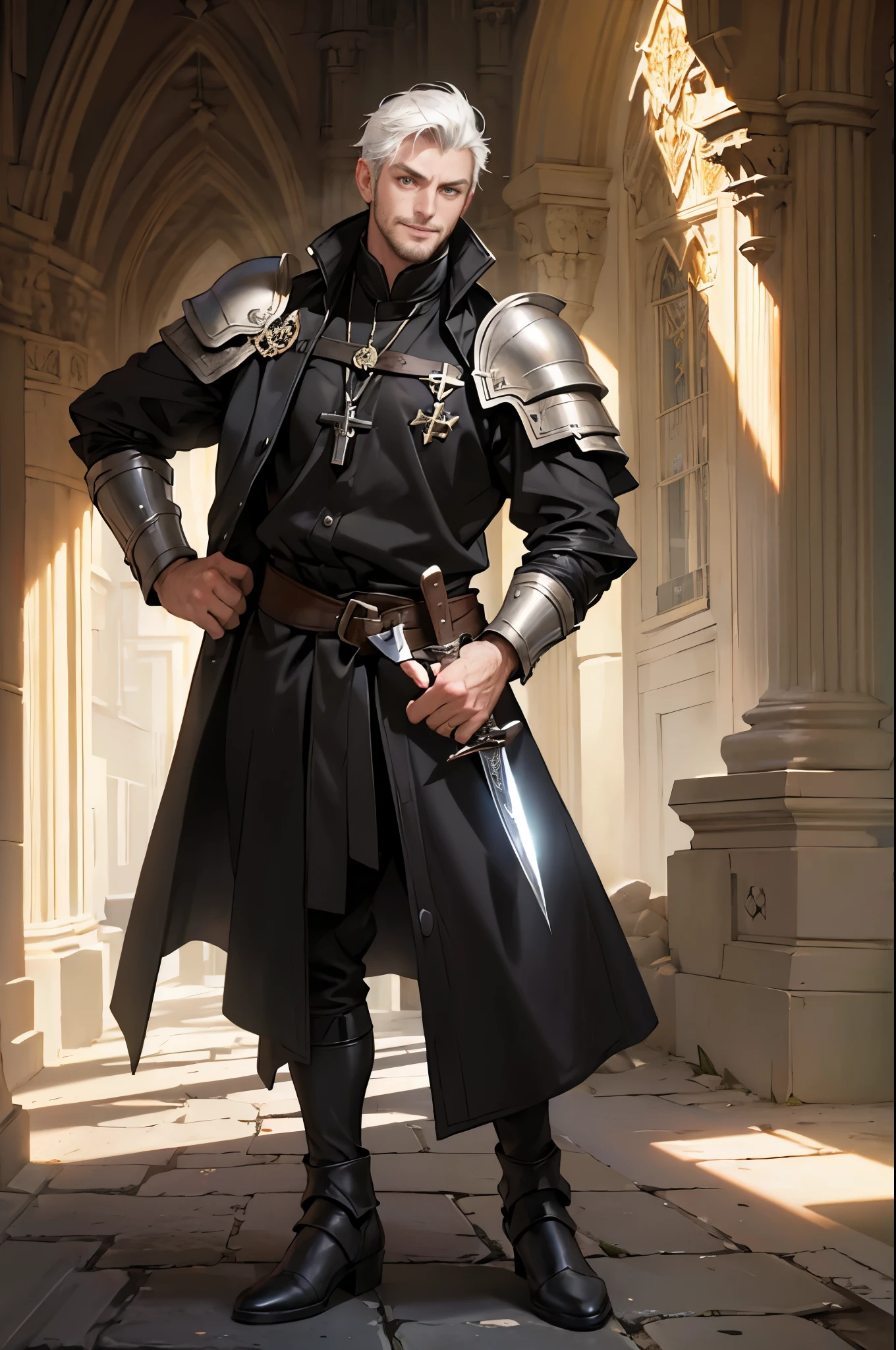 (((((middle age male))))), masterpiece, super detailed, 8K portrait, RAW photo, male portrait, whole body, highly detailed face, ((fantasy)), (((42 years old))), 1 person, grin and laugh, (((wrinkle and stubble))), (((thief))), laugh heartily, standing with hands on hips, (((short hair with thick volume))), (((white skin color))), ((black full leather armor)), (((long coat))), (((carry a knife))), midday sun, surreal, long legs, In the medieval adventurer's guild, environmental lighting, shadow details , focus the camera on the face, light fog