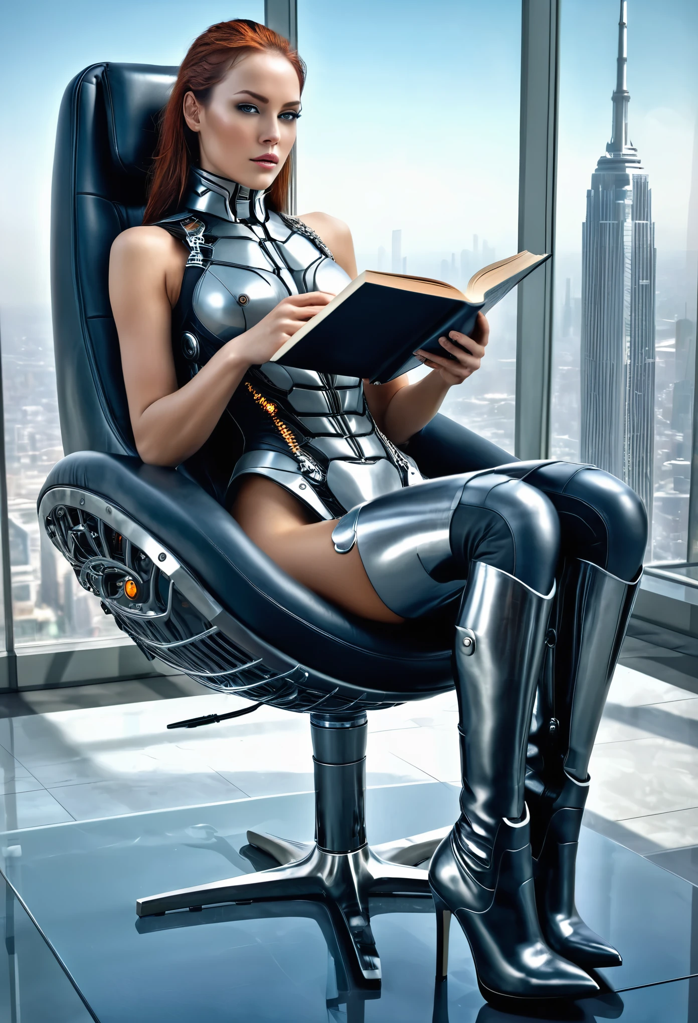 office in a skyscraper in a big city, a cyborg female sits in a luxurious chair and reads a book, Heavy mens boots, high quality, Absurd, Masterpiece, Beautiful, complex parts, 1/2 body crops, slender body, Beautiful figure, Magnificent Anatomy, (complex parts:1.12), HDR, (complex parts, hyper detail:1.15), (natural skin textures, Hyperrealistic, soft light, Spicy:1.2)