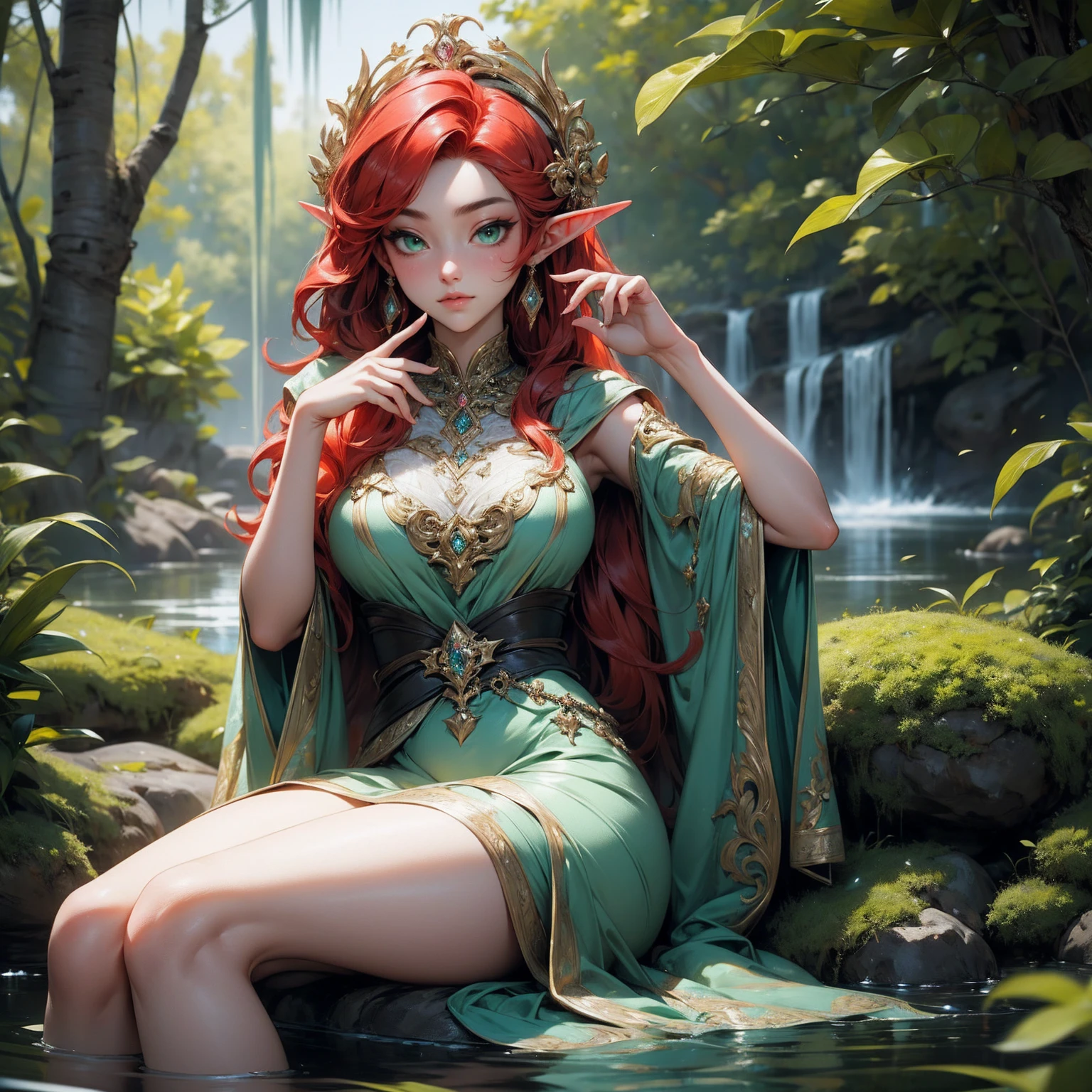 (Masterpiece - Ultra-Detailed, High Resolution) Prepare to be enchanted by a true masterpiece that combines ultra-detailed art with high-resolution rendering. This work shows a mesmerizing and sexy young elf with very large breasts and red hair. Green eyes, transparent dress, sitting on the water. Backwards, lookink back, with one finger in her mouth. Get ready to dive into a world where beauty and craftsmanship merge perfectly.
