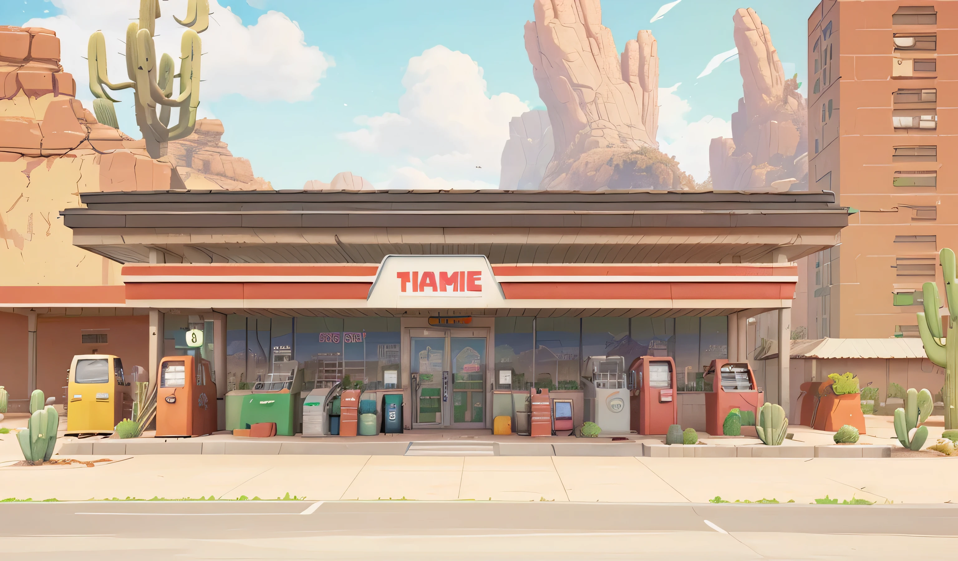a gas station with a cactus in the background, indie game concept art, super detailed color art, concept art style, background art, videogame still, environment painting, scenery game concept art, environment art