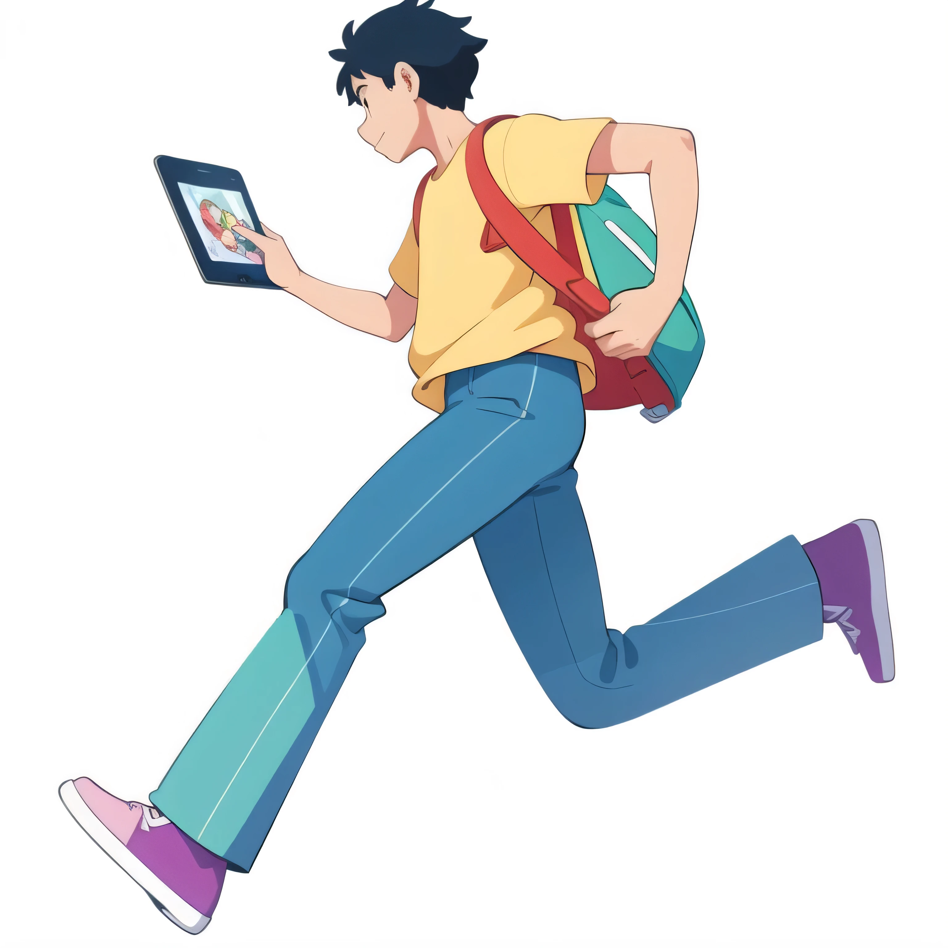 Cartoon of a man running with a backpack and tablet, Digital character illustration, Colorful illustrations, digital 2d illustration, Digital Illustration -, digital illustration style, Simple and clean illustration, Chuanghui Illustrations, Modern illustration, flat illustration, Colorful editorial illustrations, 2d illustration, 2d illustration, Full of energy and vitality, Stylized digital illustration, 2d digital illustration