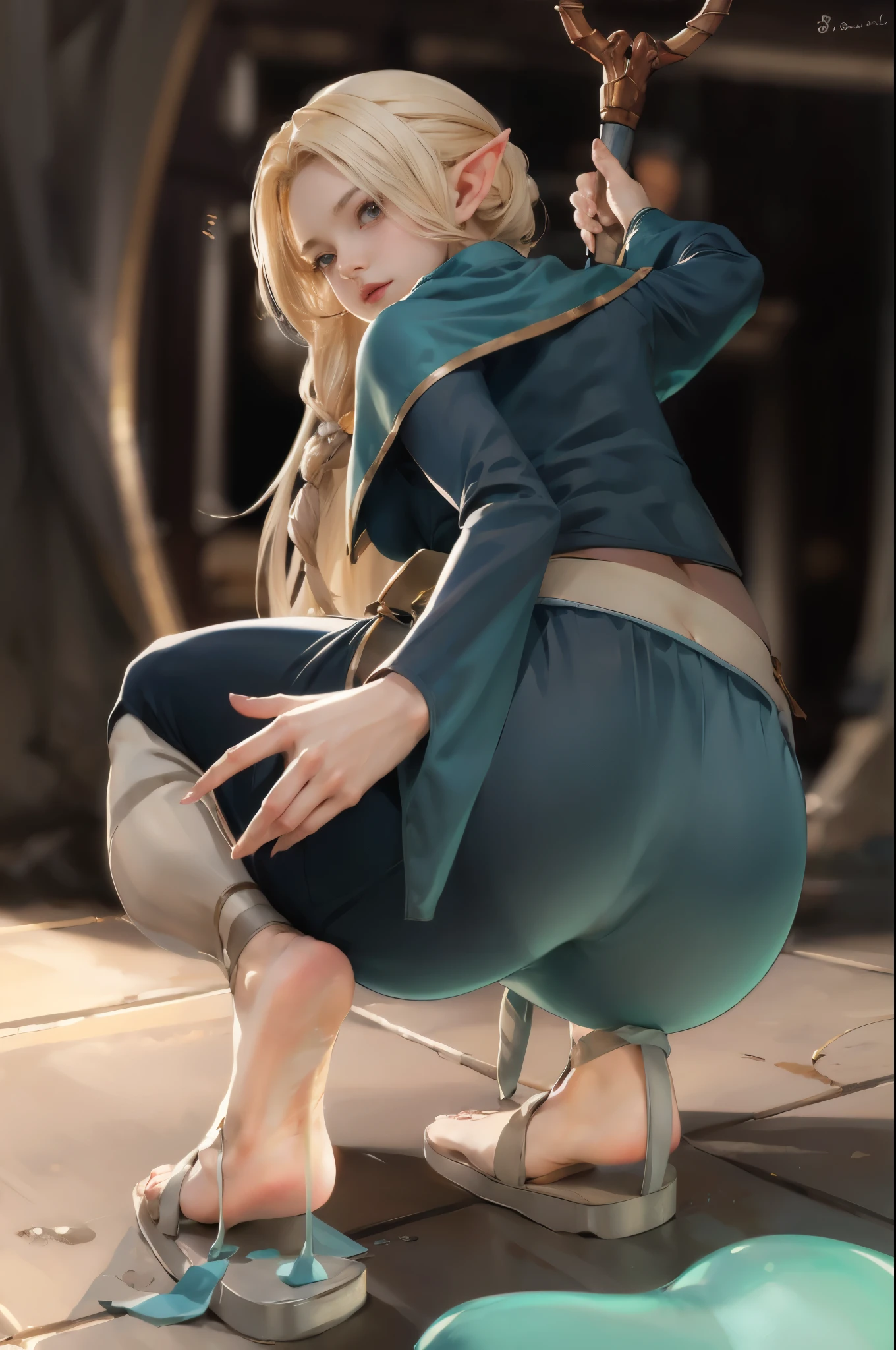 anime girl kneeling down with a magic wand in her hand, the anime girl is crouching, beautiful anime girl squatting, hugging her knees, most strongest pose, holding a pudica pose, painted in anime painter studio, backveiw picture of elf rogue, made with anime painter studio, character is in her natural pose, demon slayer rui fanart