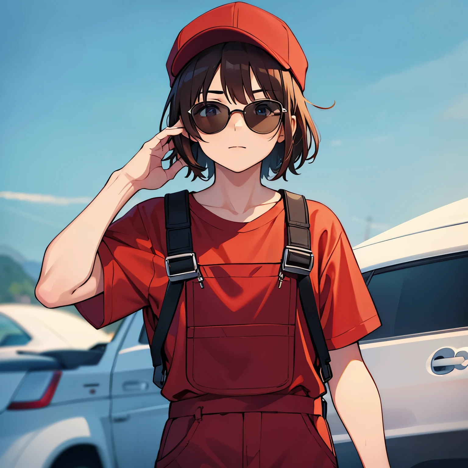 Guy looking frustrated with black sunglasses on that you can’t see eyes through , brown hair with red cap wearing red shirt with blue colored overalls and brown shoes. The background takes place in an artic tundra