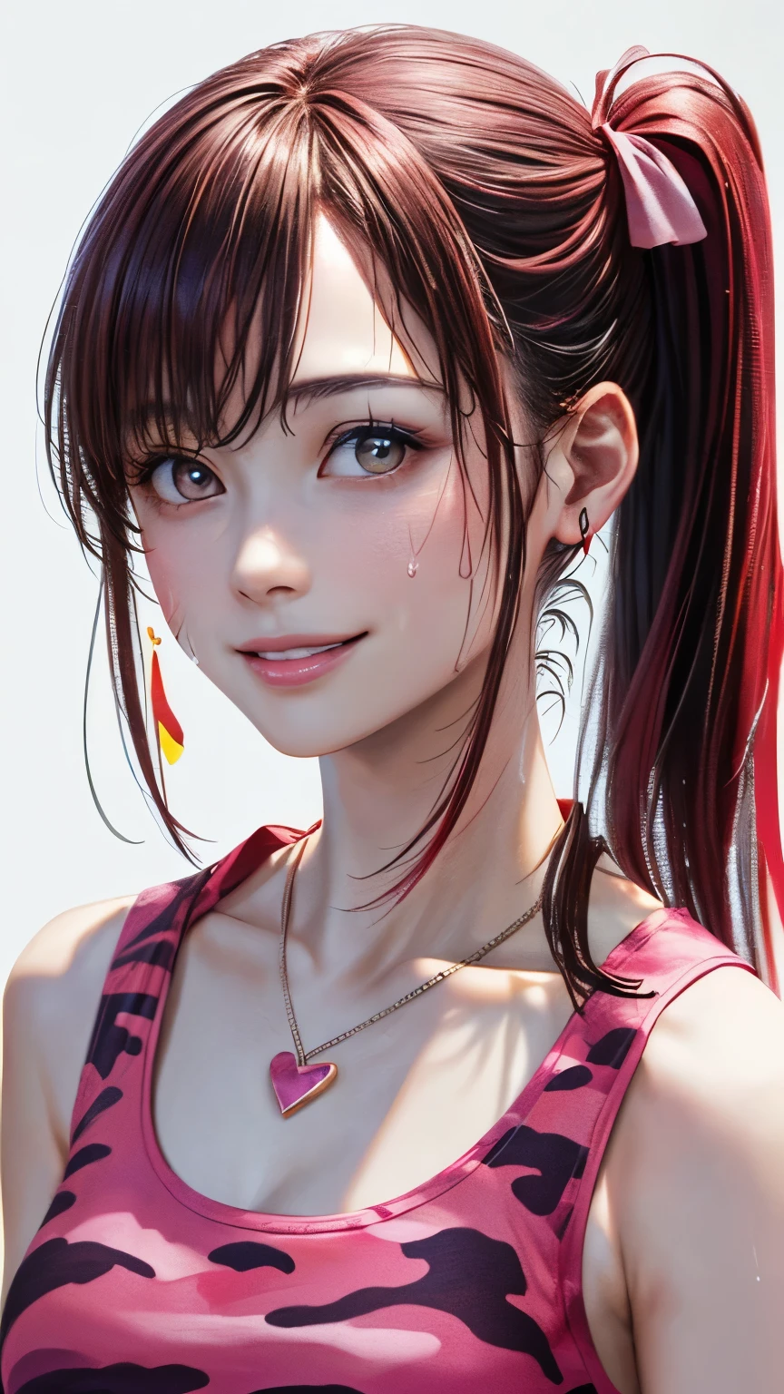 (highest quality、8k、32K、masterpiece)、(realistic)、(Photoreal:1.2)、(High resolution)、Super detailed、very beautiful face and eyes、1 girl、round and small face、thin waist、delicate body、(close、highest quality、high detail、rich skin details)、(highest quality、8k、oil paint:1.2)、Super detailed、(realistic、realistic:1.37)、bright colors、(((red hair)))、(((bust shot)))、(((It is a side ponytail)))、(((pure white wall background)))、(((The background is a pure white wall)))、(((She is wearing a red and pink camouflage tank top.)))、(((red and pink tank top)))、(((pink and red camouflage tank top)))、(((I'm smiling)))、(((touching my lips)))、(((facing straight ahead)))、(((wearing a heart-shaped necklace)))、(((sweaty skin)))