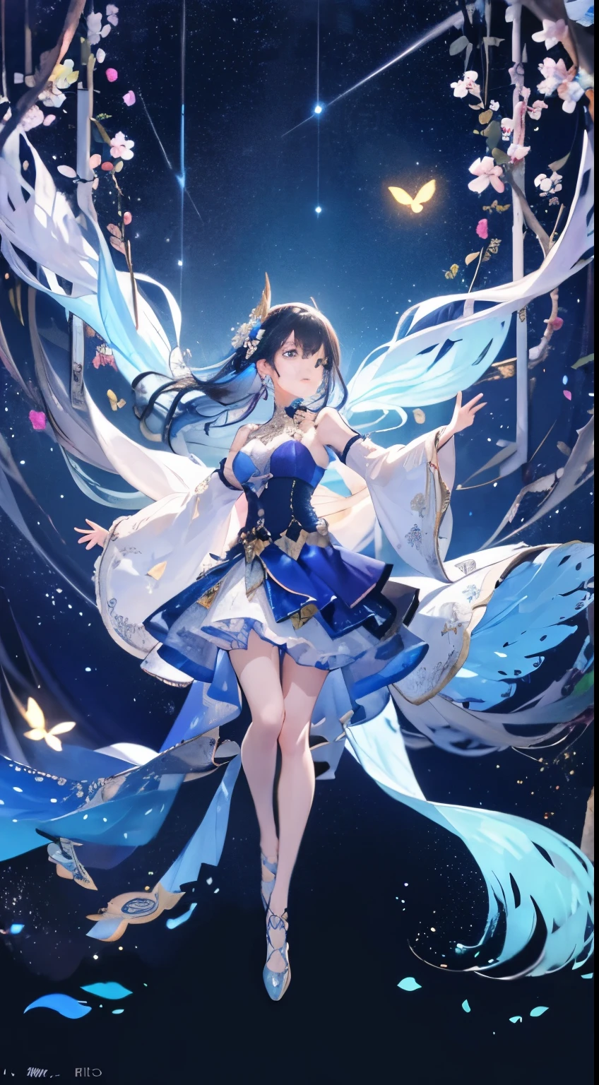 in a magical realm, In the blue magic forest, A mysterious fairy appears, A radiant existence decorated with moonlight spider silk. her skirt, Woven from petals and stardust, Shining with iridescent light, reverse canopy. As she dances among the blossoming trees and twinkling fireflies, The air resonates with the ethereal symphony of nature’s whispers, Create a place where dreams and reality intertwine，A dance that creates pure charm，knitwear，Full body image，中景 the scene is