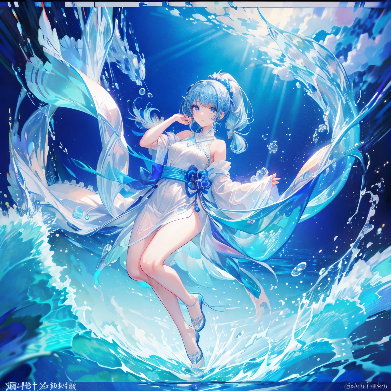 (Pianfei), (best quality), Very detailed, 1 girl, perfect face, (Full body photo of the individual:1.3), Very detailed顔,(Blue hair with double ponytail:1.5),(blue eyes:1.4),(In the water:1.4),(white dress:1.5),ocean,Small schools of fish,Light,bubble,jellyfish,ocean藻,red fish,yellow fish,深ocean,fantasy,ocean底,float,(ocean底都市:1.4),Smile:1.3
