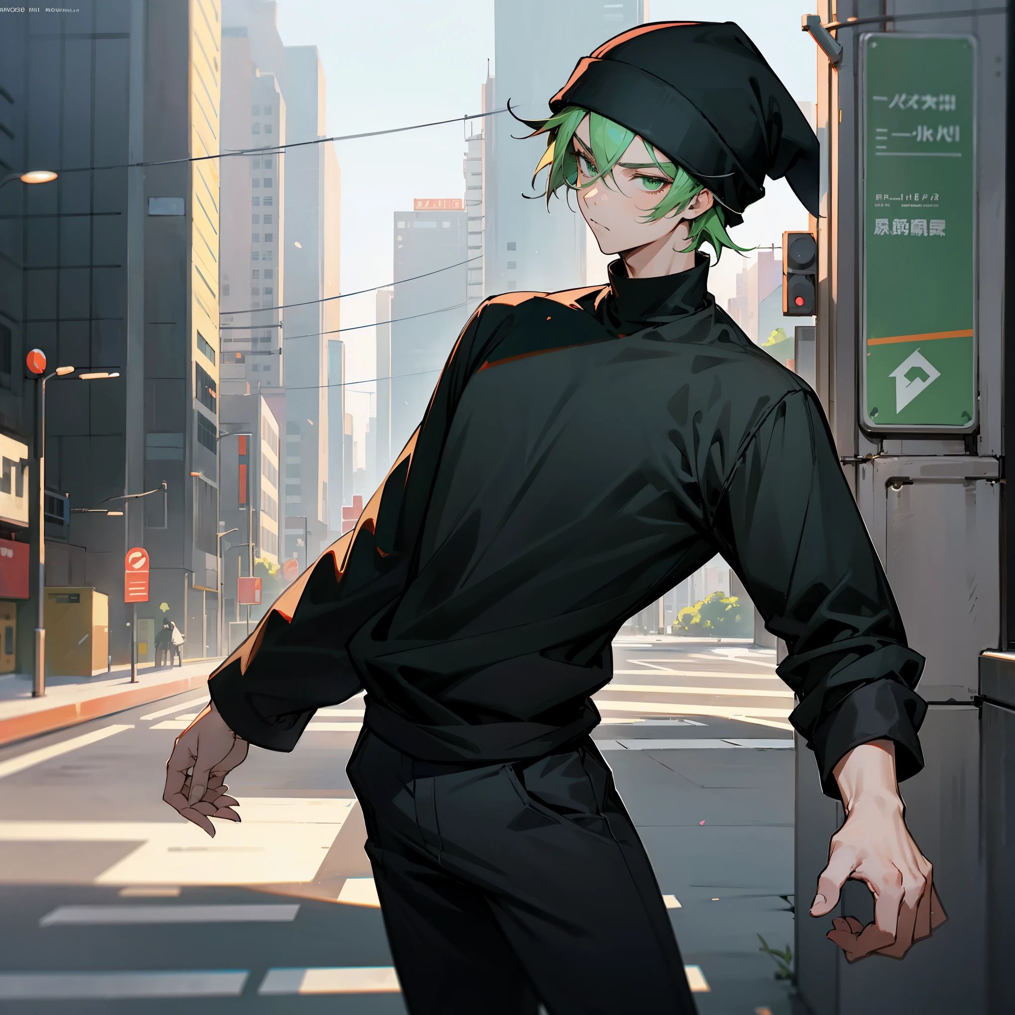 1male , Black Beanie , Serious Expression , Black Longsleeve T-Shirt , Standing on sidewalk , modern city background , Green Eyes 