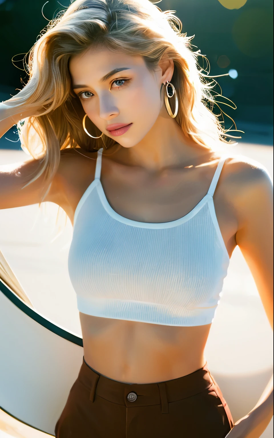 top quality raw photo of 18-years-old Emily VanCamp wearing headphone, white miniskirt Yellow pattern, Navel look, pose, full body, She should have a natural, approachable expression and be illuminated by soft, golden-hour sunlight. The background should be a scenic outdoor setting, perhaps a sunlit beach.