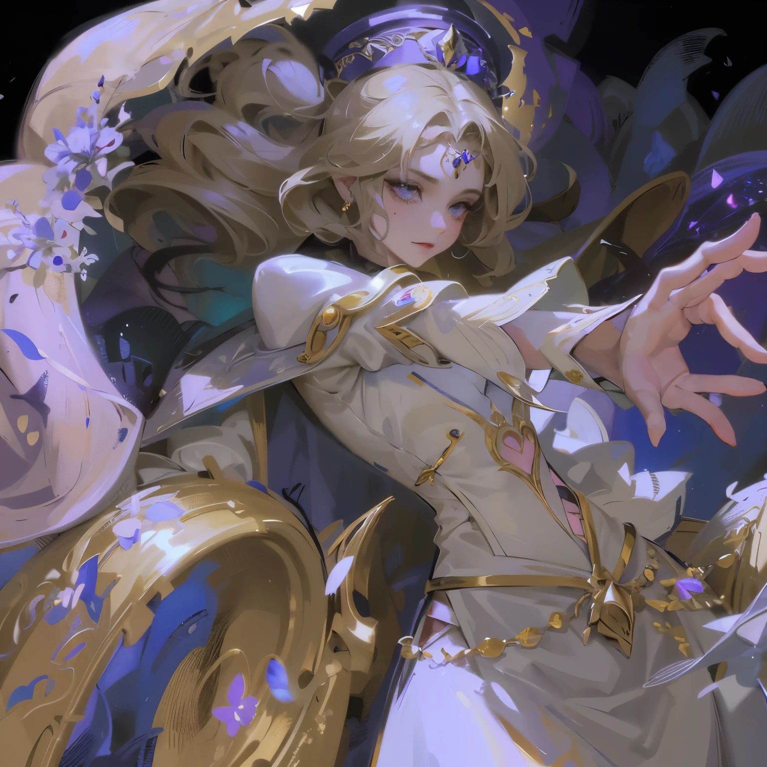 Close-up of a woman wearing a skirt and hat, fantasy costumes, Dress up in dreamy formal attire, Fantasy style clothing, Moon themed clothing, beautiful fantasy queen, Popular topics on cgstation, gold plated clothing, ethereal fantasy, ((beautiful fantasy queen)), Astral Witch Clothes, Imperial royal elegant clothing, rococo cyberpunk, intricate clothing, clear outfit design