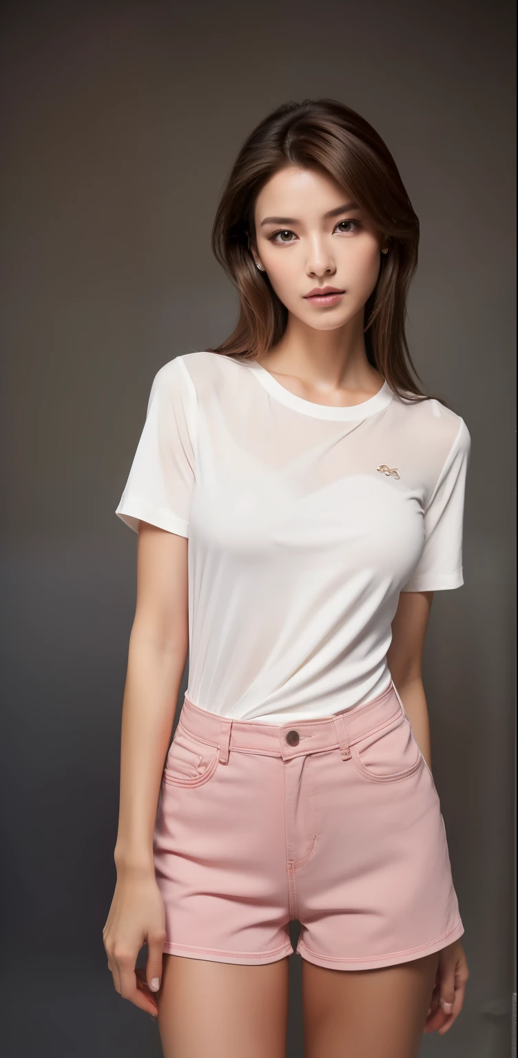 ((best quality, 8k, photo studio :1.3)), sharp focus :1.2, beautiful woman,Perfect body :1.4, Slim abs :1.2, ((Dark brown hair,breast :1.2)), (White long loose dress shirt)(Shirt button fastening.), light gray background:1.2, Highly detailed facial and skin textures, delicate eyes, double eyelids,Fashion model posing,Cowboy shooting,pink shorts,