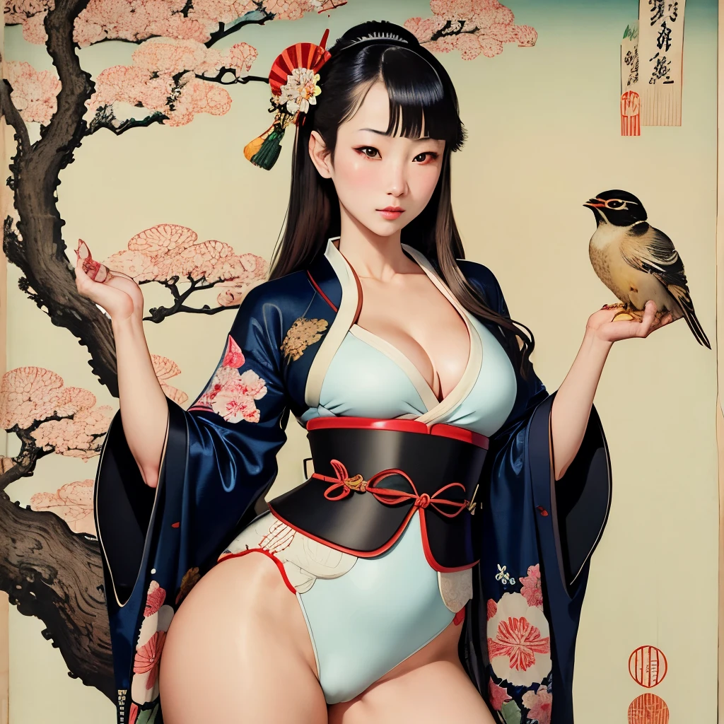 (masterpiece, best quality:1.2),Ukiyo-e style，flowers, birds, fish and insects，tree，animal，(masseter membrane、top quality、Ukiyo-e style、mystery、Exquisite and beautiful、official art、Sharaku:1.2)、(1 girl in:1.3)、(Fractal art:1.3)、cowboy shooting、White skin、clear fingers，beautiful fingers(beautiful brunette、kimono:1.2)、Set against the backdrop of traditional Japanese performing arts、rich and colorful、(reel、Belongs to Japanese style:1.2)、glowing skin、spread your legs，Camel toe showing thigh!!!、