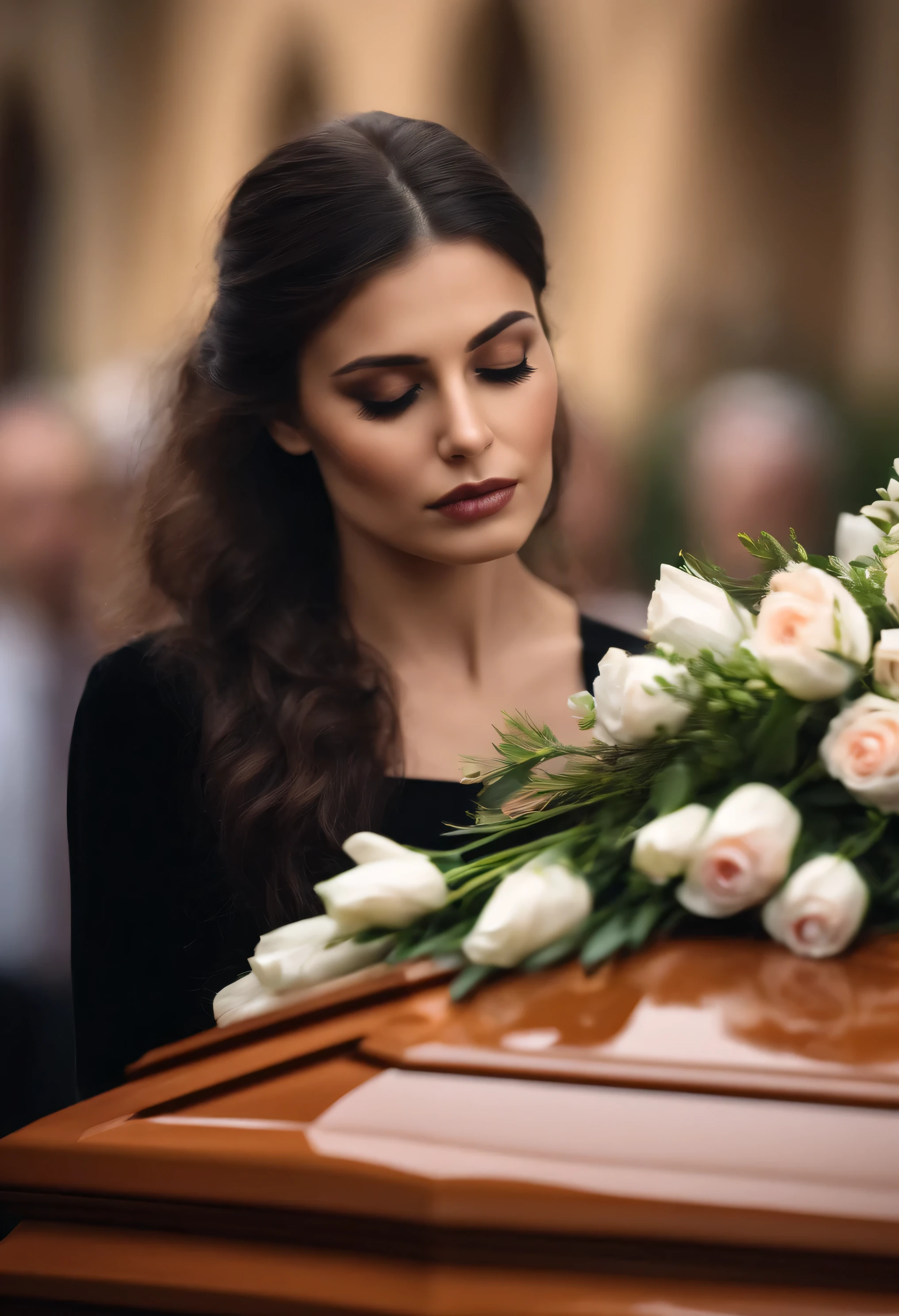 Sad woman at a funeral with flowers on the coffin after the loss of a loved one, fotorrealista.