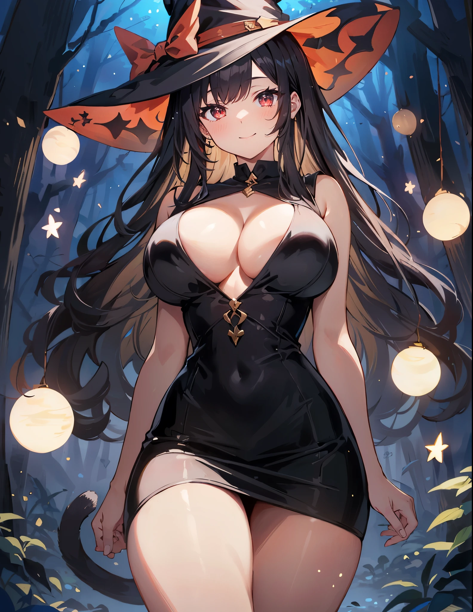 high quality, Super detailed, 最high quality, very detailed, beautiful, masterpiece, 1 girl, alone, shape, night forest, particle light, cowboy shot, looking at the viewer, red eyes, long hair, bangs, black hair, witch, witch hat, bodycon dress, cat tail, big breasts, cleavage, thighs, closed mouth, smile, blush