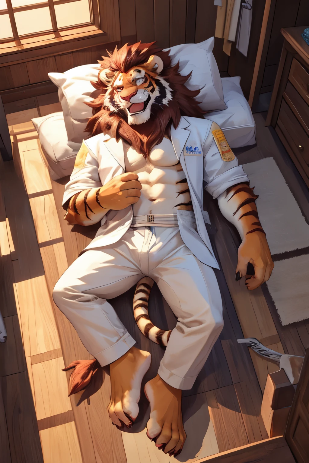 ((best quality)), ((masterpiece)), (detailed), Lion Fury,male,Lean,youth,fur,red tiger stripe,red hair,White restraint suit,Ward,barefoot,Itching sentence,tickle,Itchy slave,itching,scratch the soles of the feet,smile,collapse,laughing out loud,,rope,Lying down。