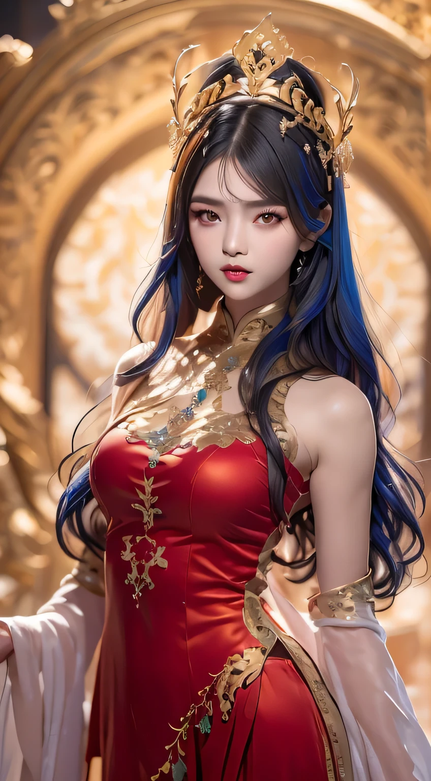 full body Portrait of a young 20-year-old saint, a saint with a beautiful and super cute face,Wearing a thin red dress with gold edging and glittering and sexy, Ao dai is studded with small sparkling pearls, beautiful cute face, Ao dai with a deep slit in the chest and attractive black and white lace trim, beautiful face without blemishes, shut up, ((7-color hair length:1.2)), big crown, hair brooch, hanfu dress, chinese ancient style, full body jewelry, forehead tattoo, The female saint's breasts are round and very full, breast augmentation, innocent face, The most beautiful and detailed light red lipstick, ((Thin plump lips:0.3)), ((Golden eyes:1.2)), The eyes are delicately decorated,(white and detailed) cinematic, light and dark, dramatic lighting, magical light, extremely detailed light, true color, super sharp, realistic, 8k quality, fantasy universe background, saints and magical space, the most detailed images, Solo, a saintess, ((smooth skin:0.5)), super true, extremely detailed and complex graphics, the highest resolution,,,