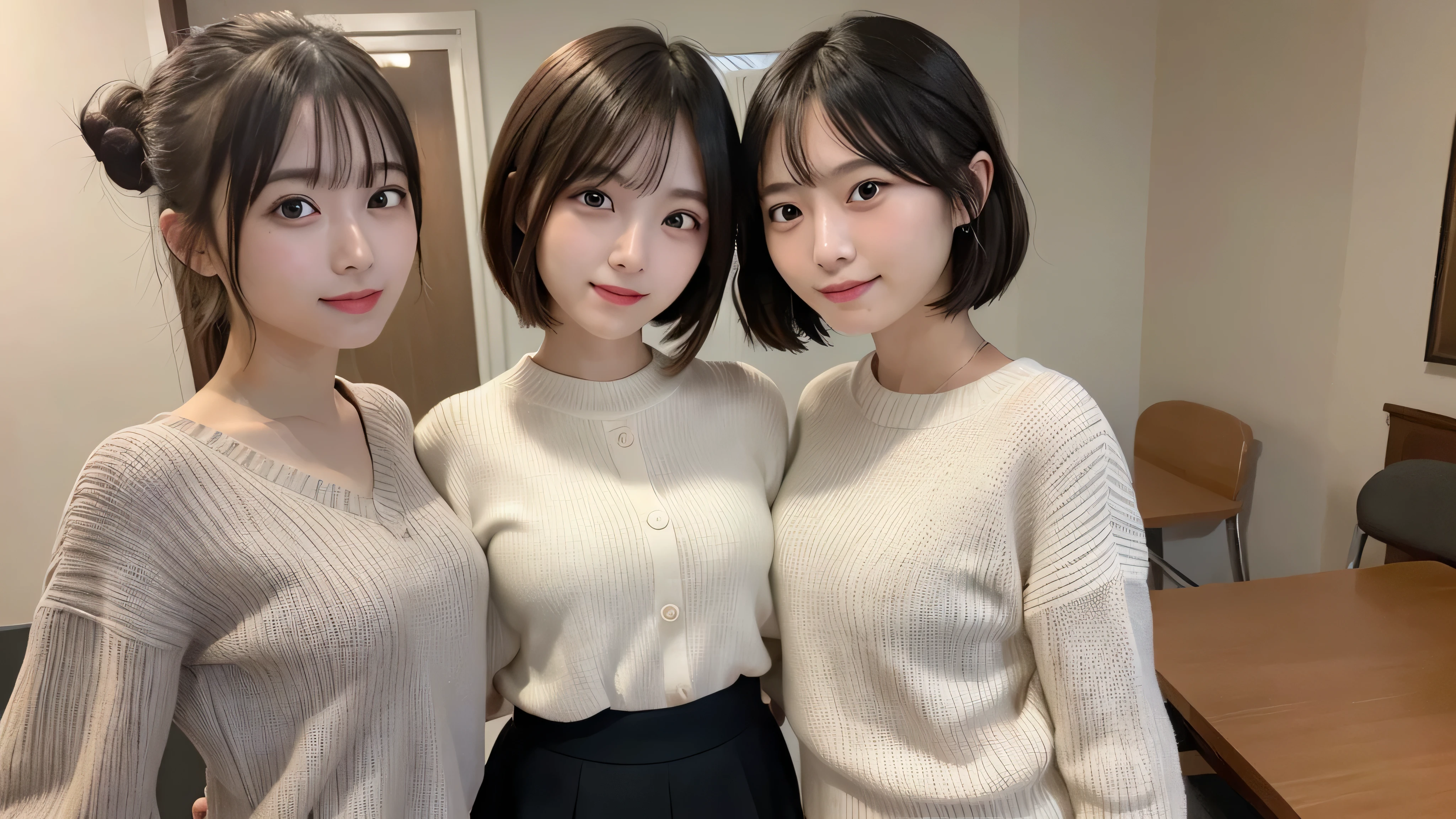table top, highest quality, shape, Super detailed, finely, High resolution, 8k wallpaper, 完璧なダイナミックな構shape, finelyて美しい目, natural lip, sweater(mini skirt)wear, chest, whole body, random sexy pose,bun hair,RAW photo,room,smile、最高のsmile, ((((girl3people々))))