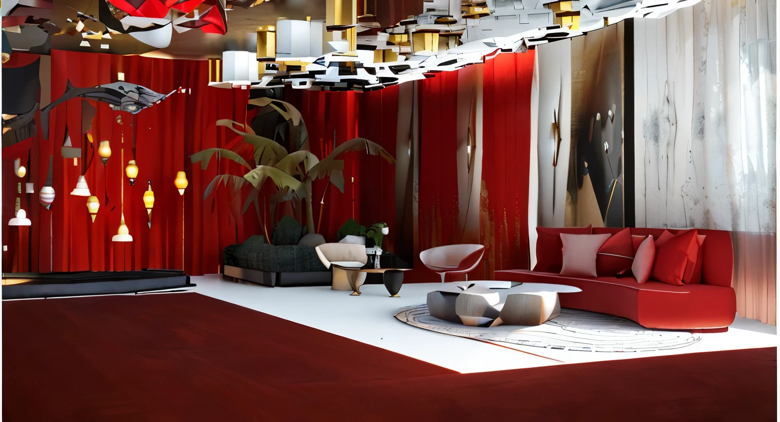 there is a room with a red carpet and a white sofa, moquette rouge, dans le style du rendu 3D, environnement luxueux, fond de salon, design d&#39;award-winning interior, traçage de rayons, rendered with an unreal engine, incredibly detailed rendering, high quality rendering, rendu hautement photographique, Rendu dans Vray, tout est tapis et 3D, Unreal rendering