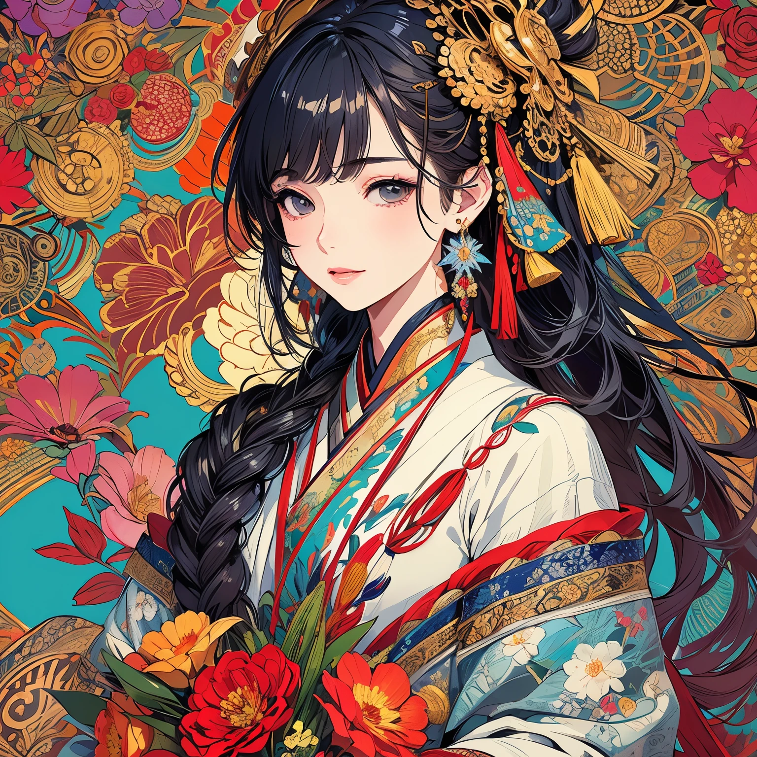 (masterpiece、top-quality、top-quality、Official art、Beautifully Aesthetic:1.5)、Painterly、sketch、Texture、超A high resolution、solo、Beautuful Women、A highly detailed、(Fractal Art:1.1)、(colourfull:1.1)(florals:1.6)、The most detailed、(Zentangle:1.2)、(Dynamic Poses)、(Abstract background:1.3)、(shinny skin)、(Many colors:0.8)、(earrings:1.4)、(pluma:0.9)、Taisho romance