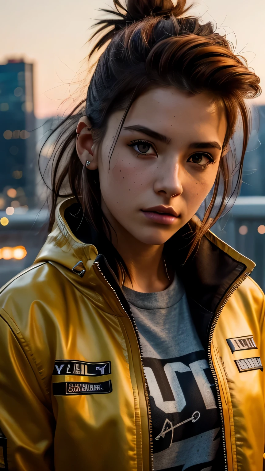 RAW photo, 20 year old close up portrait photo.o 1 girl, alone, realistic,shirt,Jacket, cyber punk, spike hair,brown hair, yellow Jacket, The background is the city ruins, (high definition skin:1.2), 8k UHD, Digital single-lens reflex camera, soft lighting, high quality, film grain, Fujifilm XT3, highly detailed background, (((close up of face))),