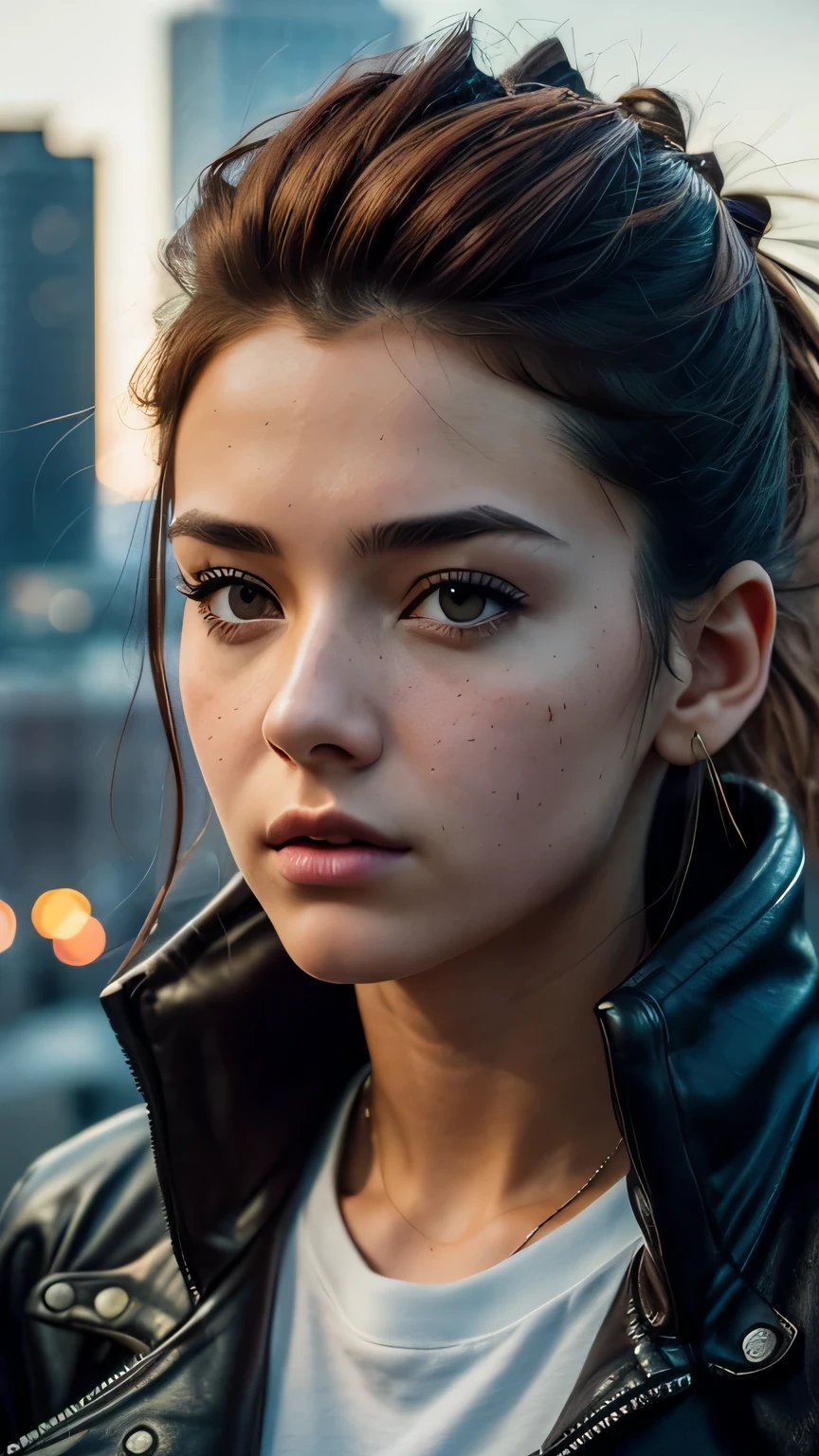 RAW photo, 20 year old close up portrait photo.o 1 girl, alone, realistic,shirt,Jacket, cyber punk, spike hair,brown hair, yellow Jacket, The background is the city ruins, (high definition skin:1.2), 8k UHD, Digital single-lens reflex camera, soft lighting, high quality, film grain, Fujifilm XT3, highly detailed background, (((close up of face))),