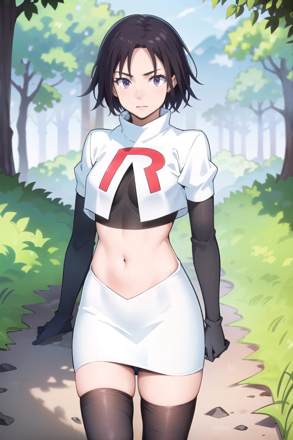 photorealistic, (4k), depth of field, (Masterpiece), (realistic skin texture), extremely detailed, intricate, hyper detailed, professional photography, high resolution, sharp detail, best quality, woman, short hair, black hair, purple eyes, outdoors, forest, trees, bushes, dirt path, ditch, cowboy shot,team rocket,team rocket uniform,white skirt,red letter R,crop top,black thigh-highs,black elbow gloves