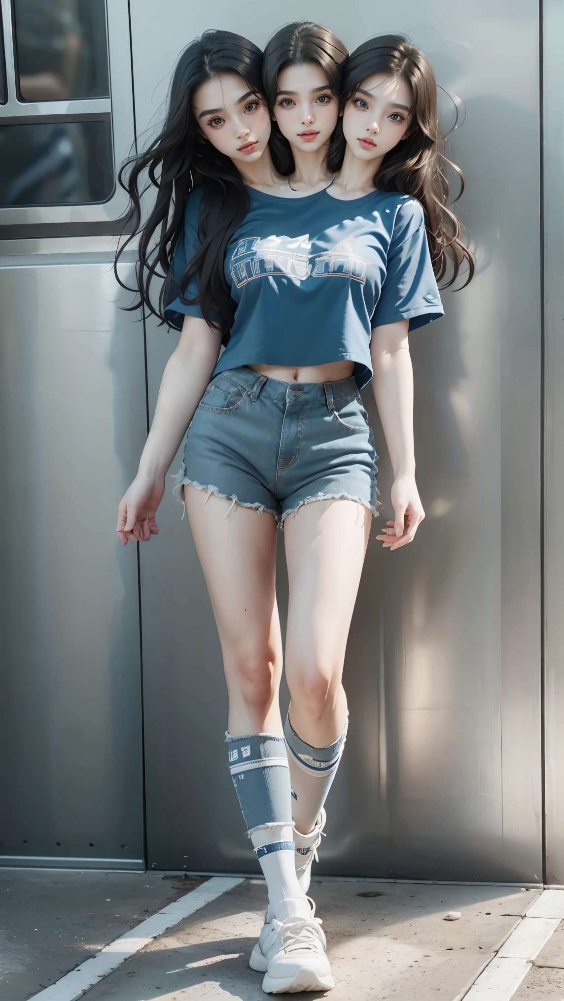 best resolution, 2 heads, Australian model girl two heads, 19 years old, youthful, wearing a blue shirt and shorts posing for a picture, wearing adidas clothing, violet coloured t-shirt, new adidas logo design, addidas, official product photo, medium close-up shot, casual clothing, blue tight tshirt, adidas, in tshirt, medium close up shot, young lady, modern casual clothing, sports clothing, full-body view, full body shot