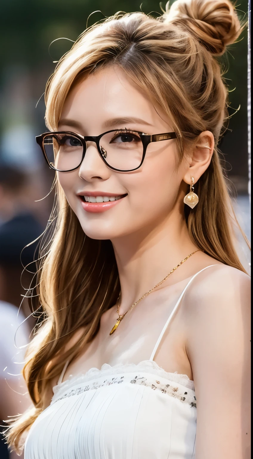 ((masterpiece)), ((最high quality)), (ultra-be familiar with),be familiar with face, realistic, portrait, high quality, be familiar with, blonde hair with highlights, bun hair, red glasses, Silk Camisole, Medium chest、necklace、earrings、bracelet、smile gently