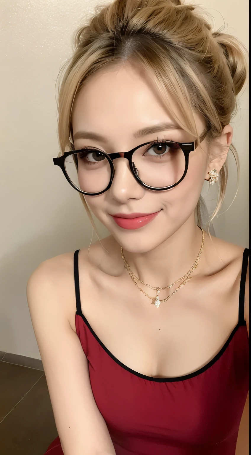 ((masterpiece)), ((最high quality)), (ultra-be familiar with),be familiar with face, realistic, portrait, high quality, be familiar with, blonde hair with highlights, bun hair, red glasses, Silk Camisole, Medium chest、necklace、earrings、bracelet、smile gently