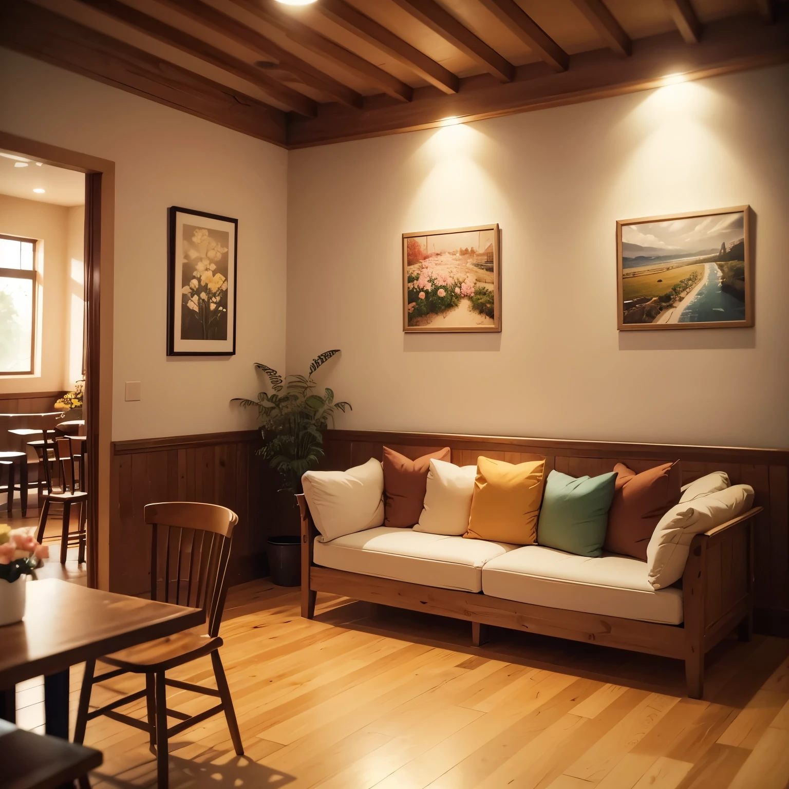 Cozy cafe decorated in warm muted colors, with soft sofas and comfortable armchairs. The walls are decorated with paintings by local artists, and the floors have warm wooden floors. In the center of the room there is a large table with delicious pastries and freshly brewed coffee.. Dim lighting creates a calming atmosphere, and the air smells of fresh flowers.