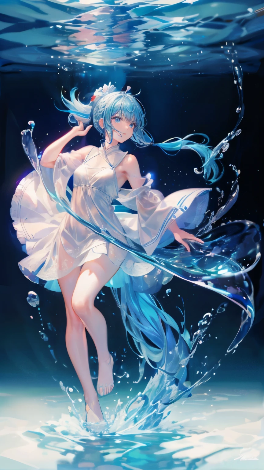 (Pianfei), (best quality), Very detailed, 1 girl, perfect face, (Personal full body photo:1.3), Very detailed顔，(Blue double ponytail hair:1.5)，(blue eyes:1.4)，(In the water:1.4)，(white dress:1.5)，ocean，Small schools of fish，Light，bubble，jellyfish，ocean藻，red fish，yellow fish，深ocean，fantasy，ocean底，float，(ocean底都市:1.4)，Smile:1.3