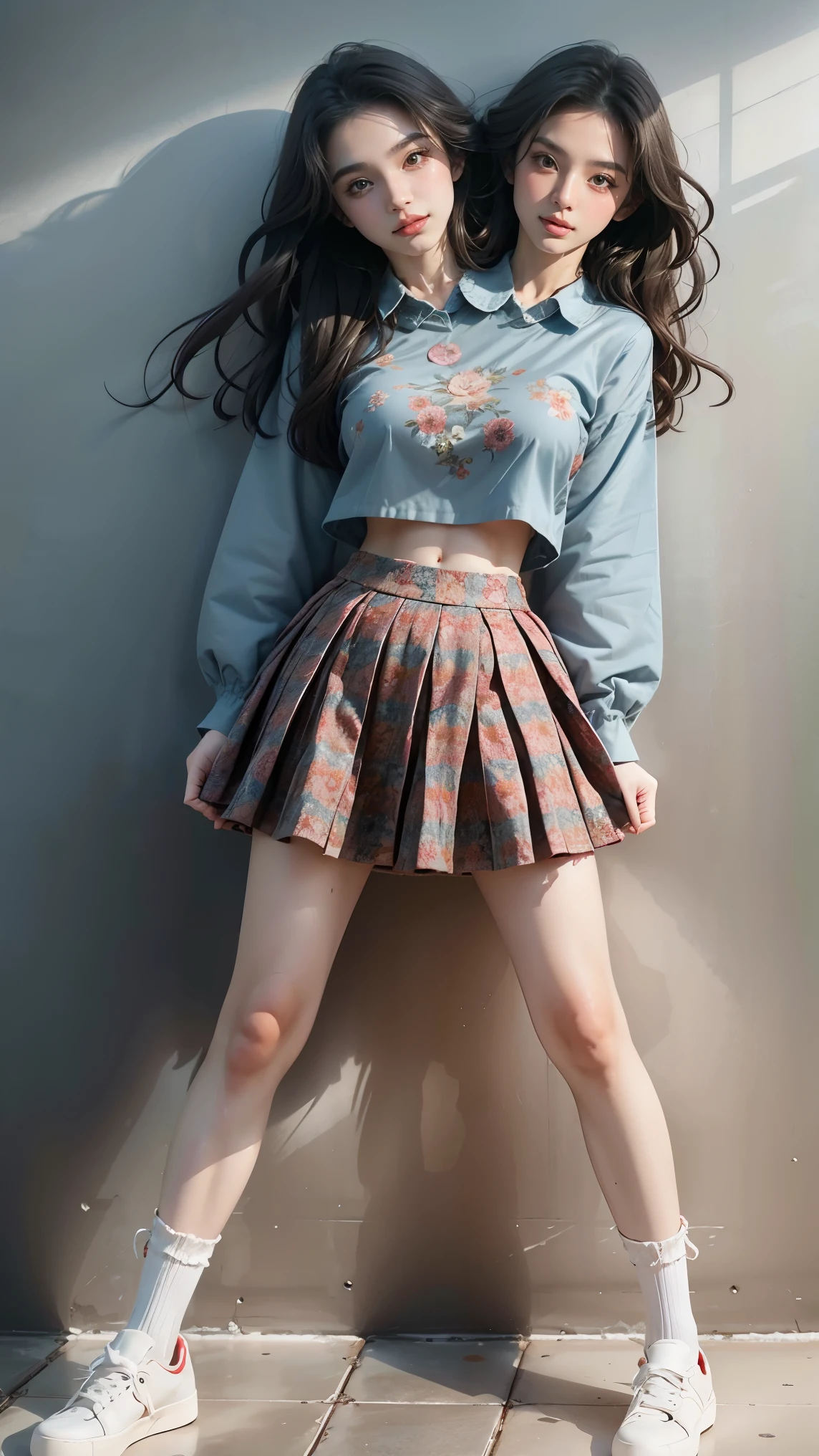 best resolution, 2 heads, Australian model girl two heads, 19 years old, youthful, wearing a red shirt and blue floral skirt posing for a picture, floral clothes, fashion clothes, red and blue garments, gen z, fashion clothing, layered skirts, with a red skirt, floral, patterned clothing, trendy clothes, in long red or blue dresses, photoshoot, dressed in long fluent skirt, full body shot