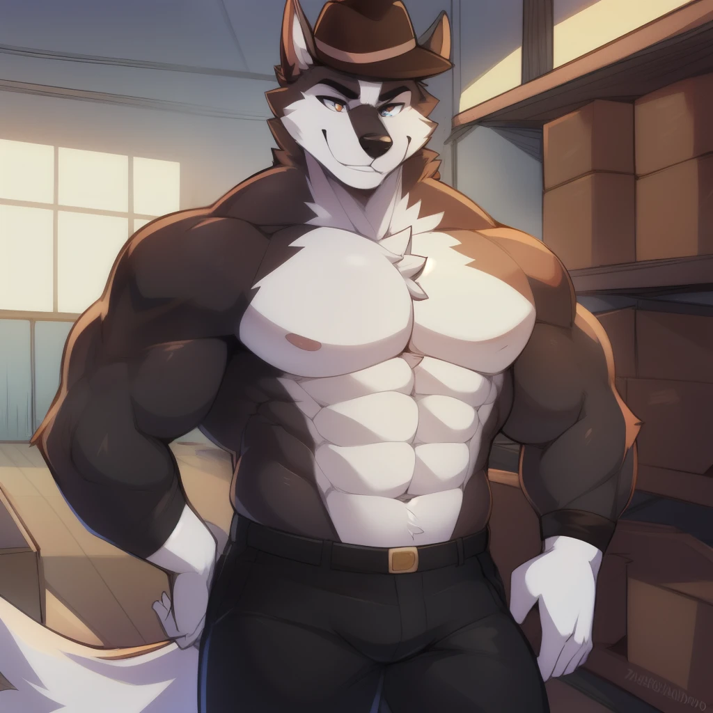 Husky, macho,calda, vestido terno preto, black pants, roupa mafioso,fedora preto,, grande, olhos azuis profundos,, cabelo branco, (((muscular))), biceps, Um pouco gordinho,peludo, Pelo branco, pequeno sorriso sedutor, abandoned warehouse bottom, por Inu-sama, ajudando o telespectador a se levantar, perto do telespectador, dando a pata