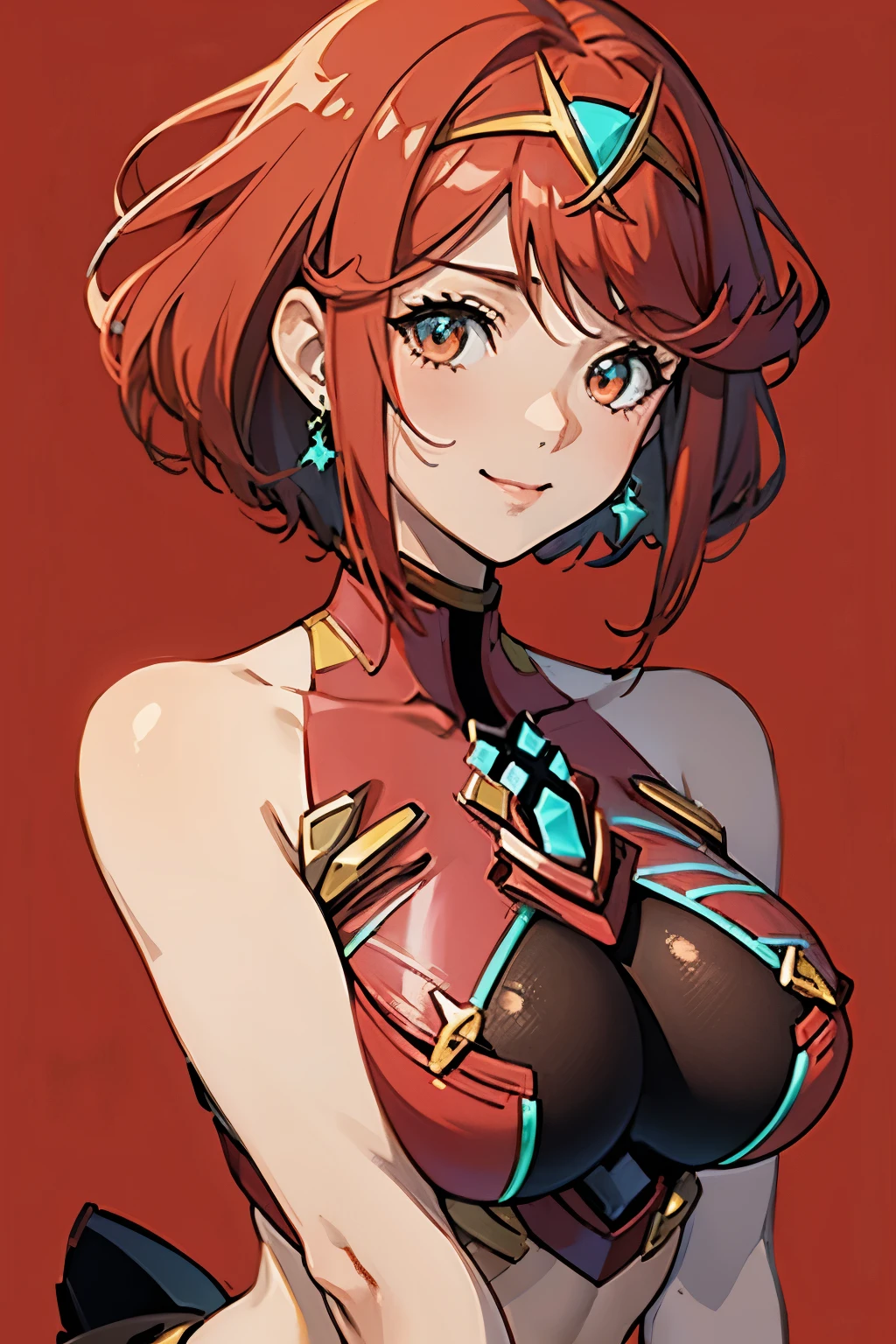 (masterpiece), best quality, expressive eyes, perfect face, busty, cleavage, large breasts, bare arms, smile, simple red background, muscular body, pyra, pyra \(xenoblade\)