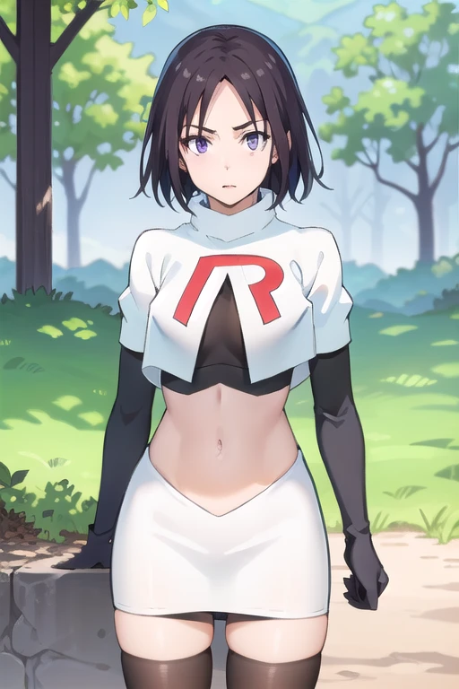 photorealistic, (4k), depth of field, (Masterpiece), (realistic skin texture), extremely detailed, intricate, hyper detailed, professional photography, high resolution, sharp detail, best quality, woman, short hair, black hair, purple eyes, outdoors, forest, trees, bushes, dirt path, ditch, cowboy shot,team rocket,team rocket uniform,white skirt,red letter R,crop top,black thigh-highs,black elbow gloves