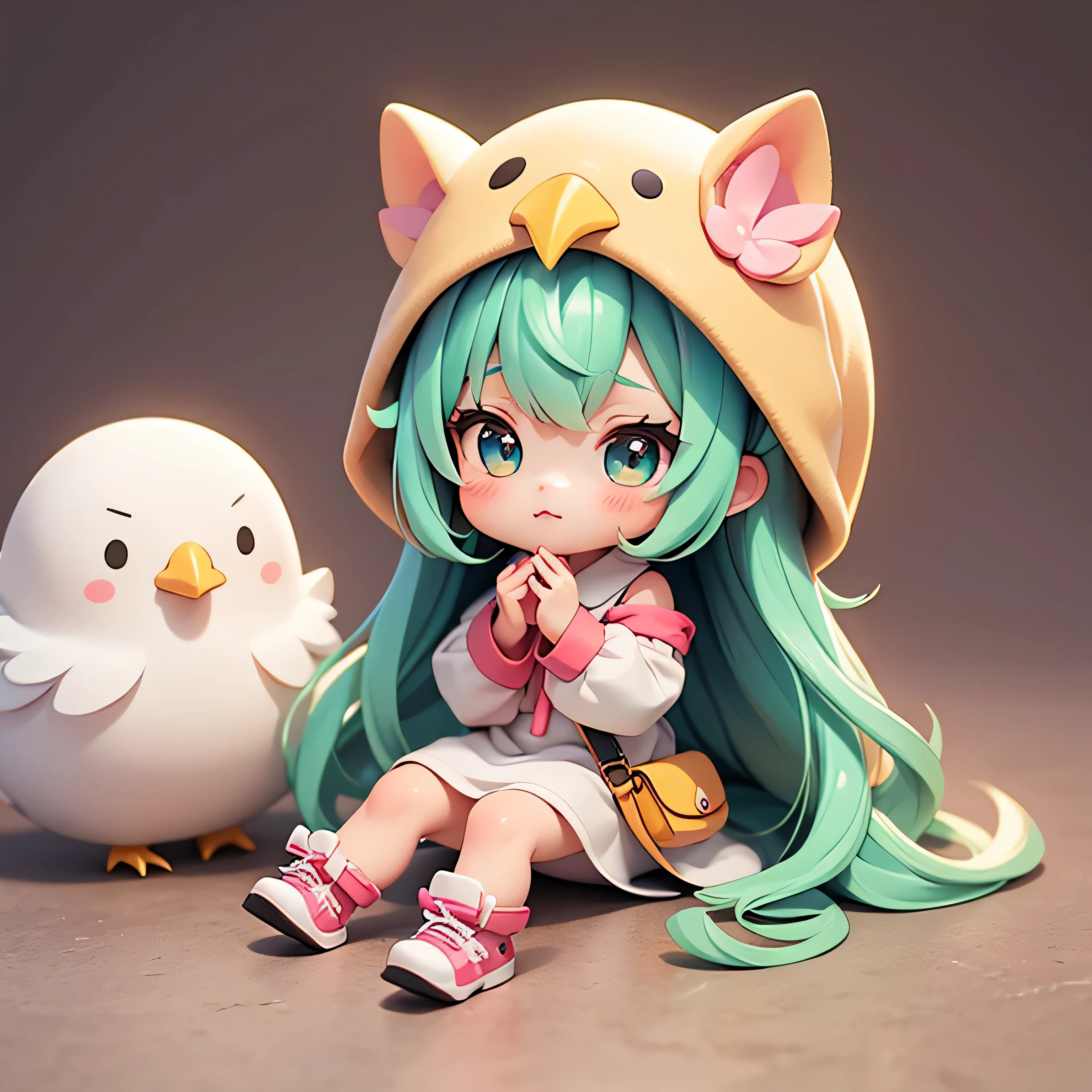 The characters pretend to kiss. The character clasps his hands in pleading. , cartoon girl in a chicken costume with a hat and a hand, Cute character is sitting, kawaii cutest sticker ever, cute digital art, chibi girl, cute anime style, cute detailed digital art, anime chibi, cute anime girl, chibi anime girl, ruan cute vtuber, sticker illustration