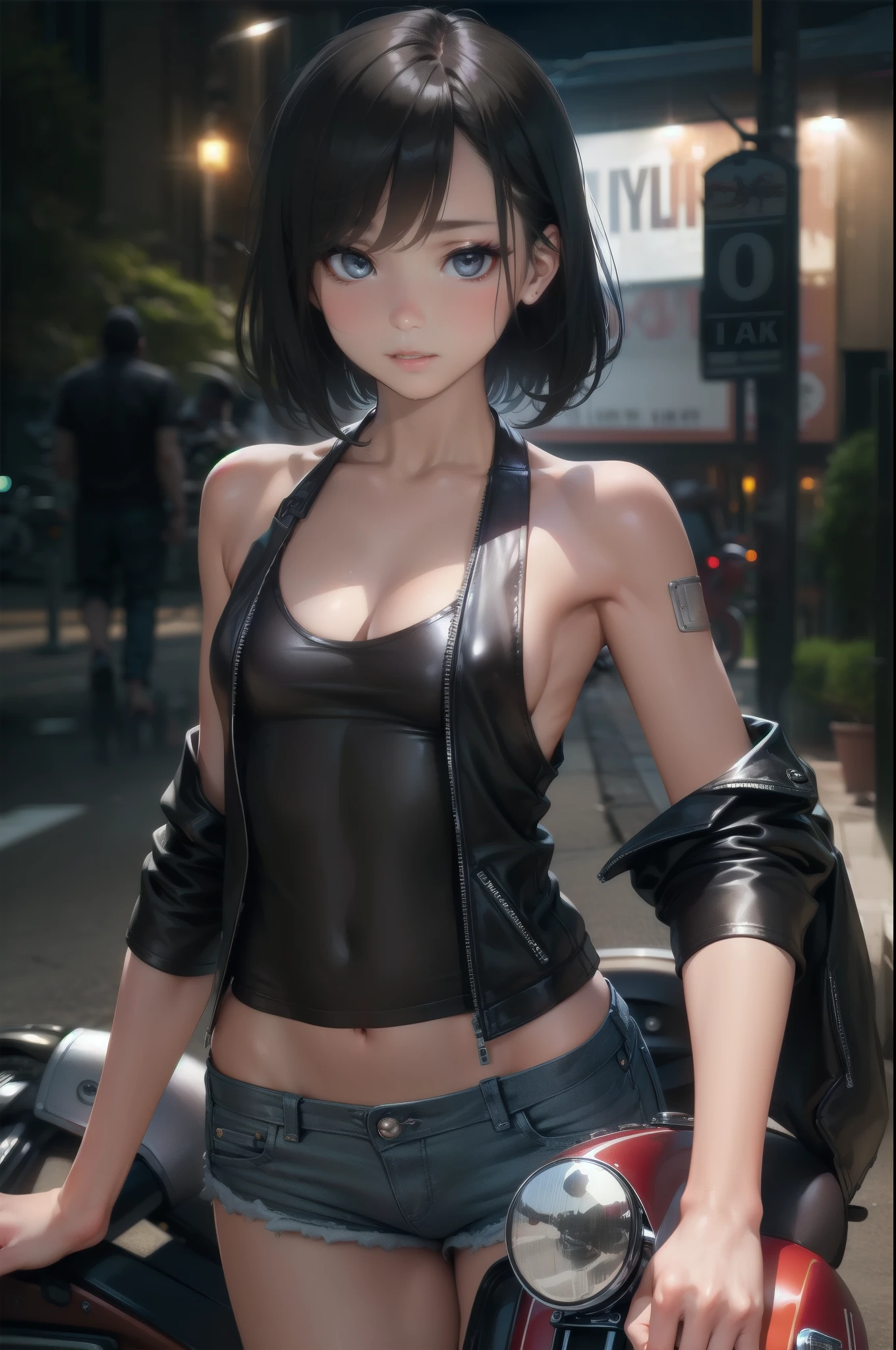 (cowboy shot),(Perfect Anatomy,top-quality、The ultra -The high-definition、hight resolution、extremely details CG、8K Unit Wallpapers),20-year-old、solo,Beautiful detailed eyes,black hair,shor bob hair,blunt bang,(small breasts,slender body,skinny),gleaming skin,oily skin,(punk fashion、leather jacket、Tank top、micro shorts),(drive a motorcycle,Harley-Davidson,),on road,Tokyo,at night、