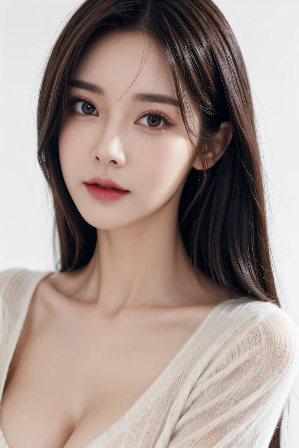 (lifelike,high resolution:1.3), A slim girl, The face shape and eyes are super delicate,black hair,red glossy lips,(pretty face), (best quality), (super detailed), (Extremely detailed CG unified 8k wallpaper),((tight sweater)),(White background),(A little cleavage),(model photos),sexy look,big eyes,(Permanently installed),(air bangs),(slim waistline),eyes on the audience,Teardrop-shaped breasts,Soft breasts,very realistic breasts,Character centered,