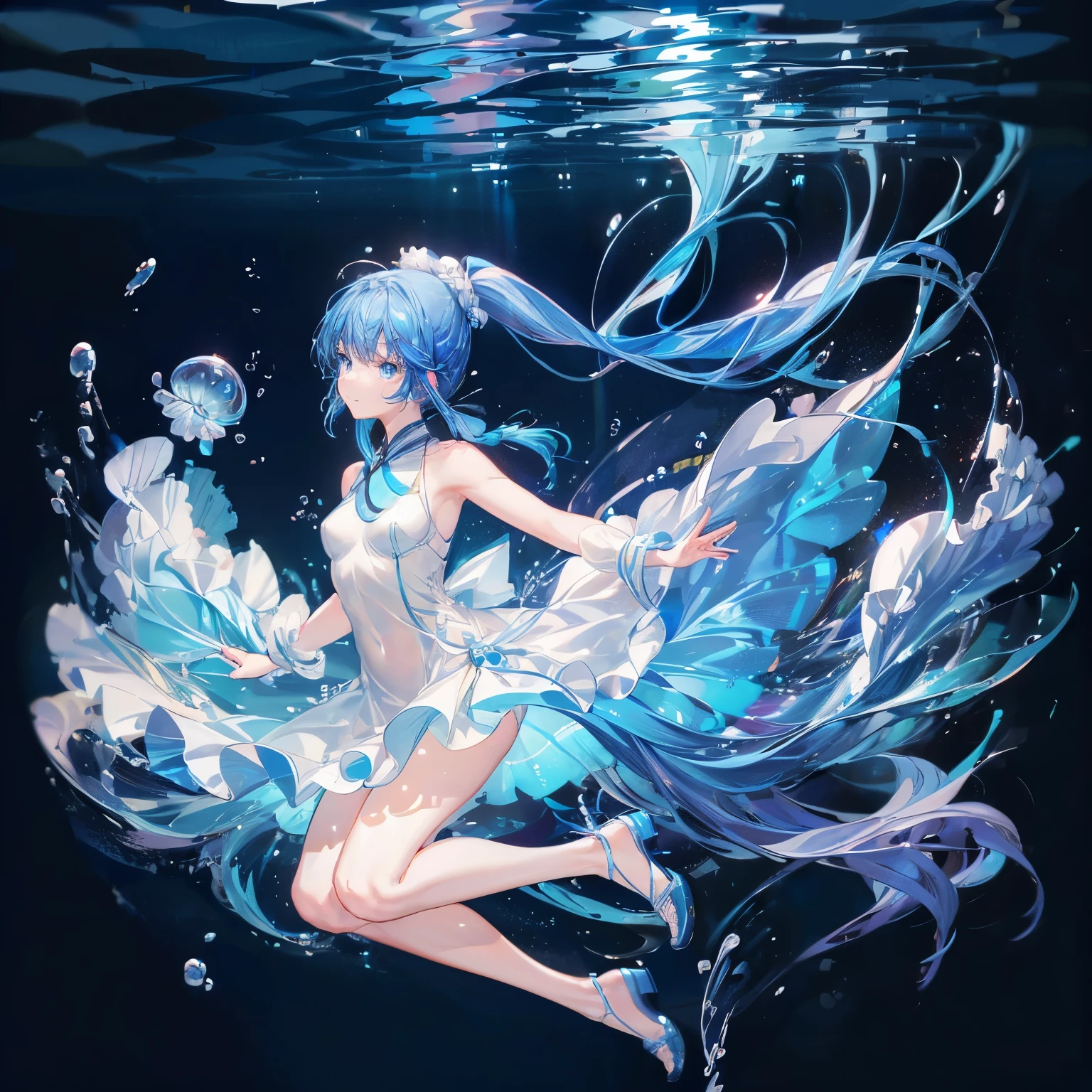(Pianfei), (best quality), Very detailed, 1 girl, perfect face, (Personal full body photo:1.3), Very detailed顔，(Blue double ponytail hair:1.5)，(blue eyes:1.4)，(In the water:1.4)，(white dress:1.5)，ocean，Small schools of fish，Light，bubble，jellyfish，ocean藻，red fish，yellow fish，深ocean，fantasy，ocean底，float，(ocean底都市:1.4)，Smile:1.3