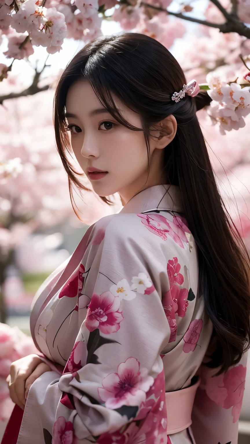 Beautiful Japanese supermodel woman, A lock of hair with slight highlights, black eyes, mixed media, Sexy,Sakura background,Gorgeous kimono , Liquid color flows across her face, Backlight