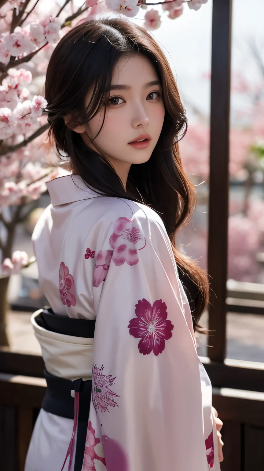Beautiful Japanese supermodel woman, A lock of hair with slight highlights, black eyes, mixed media, Sexy,Sakura background,Gorgeous kimono , Liquid color flows across her face, Backlight