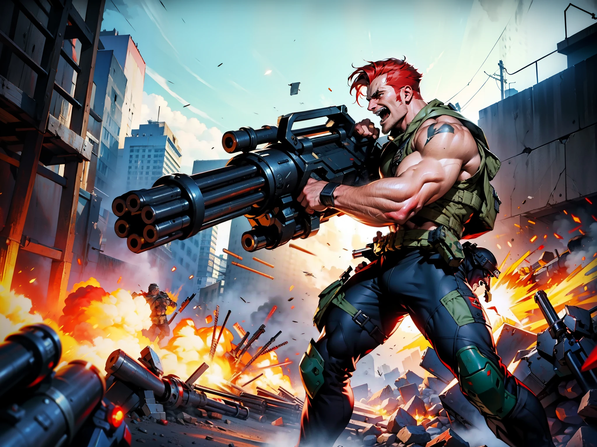 masterpiece, best quality, rogue soldier, muscular, dynamic battle pose, holding and firing a minigun, shell casings, dynamic war scene, Bryan fury, red hair, evil laugh, solo 
