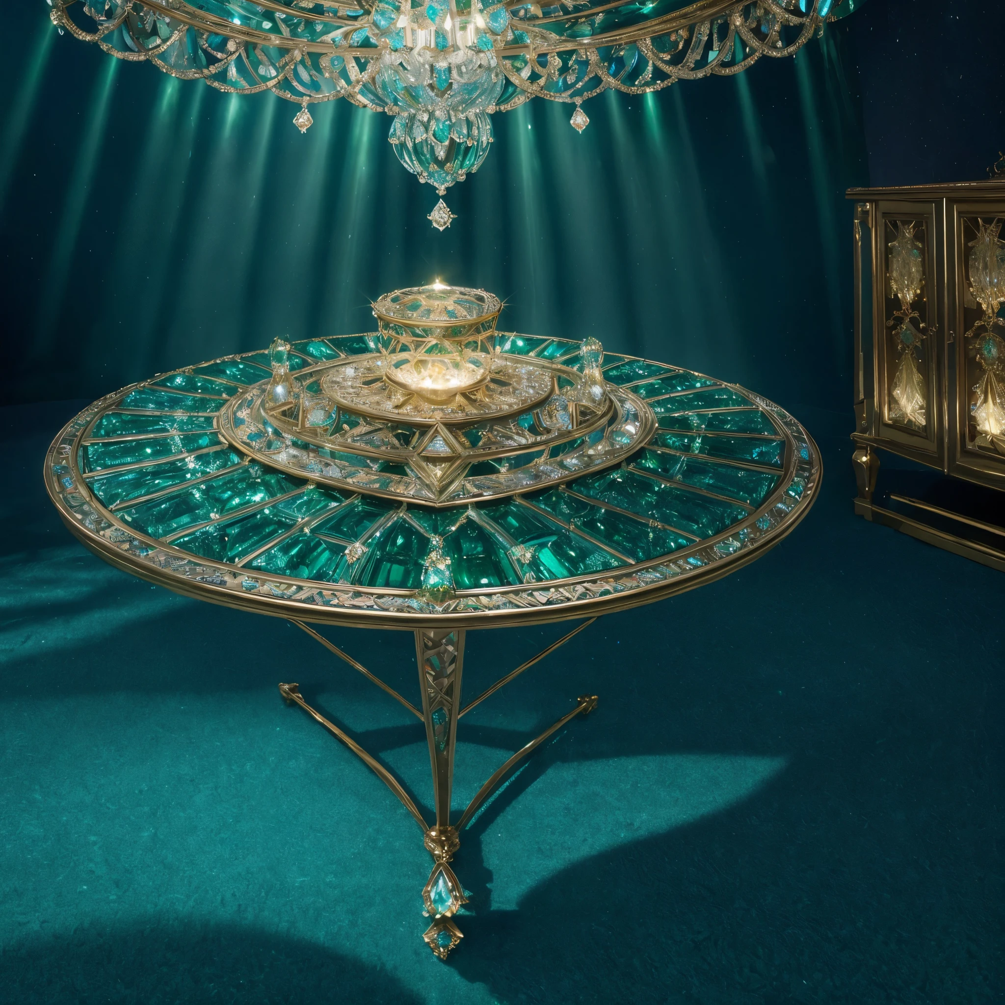 (best quality,ultra-detailed,realistic:1.37),emerald solitaire diamond ring,nested compartments,jewels reflecting kaleidoscopic fire,fractalized design,infinitely faceted,magnificent sparkle,[brimming with jewels],elegant and shimmering,mesmerizing patterns,glimmering gemstones,dazzling brilliance,radiating light and color,exquisite craftsmanship,fine metalwork,sophisticated setting,glowing treasure,Narnia-inspired wonderland,enchanted beauty,stunning centerpiece,everlasting elegance,vivid shades of green and blue,splendid jewel tones,glistening surface,sparkling rays of light,majestic and luxurious,luminous and enchanting,serene and magical atmosphere