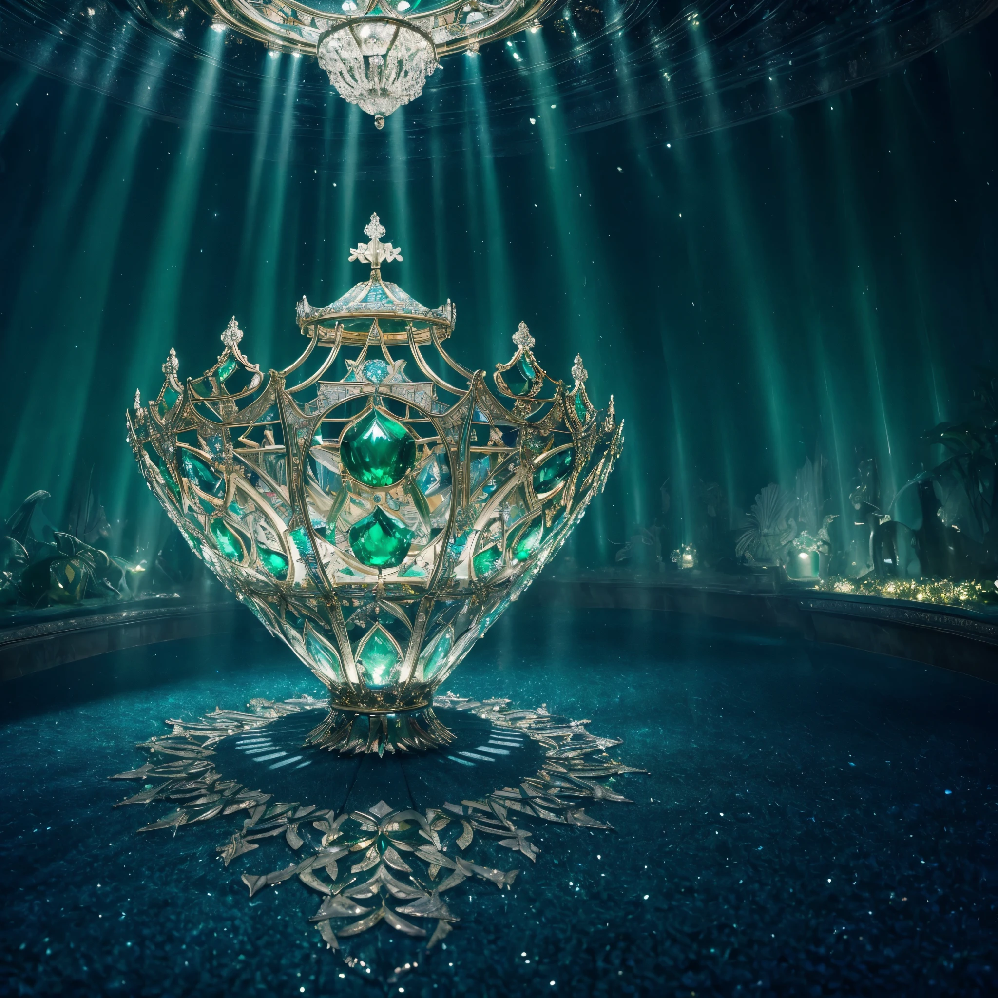 (best quality,ultra-detailed,realistic:1.37),emerald solitaire diamond ring,nested compartments,jewels reflecting kaleidoscopic fire,fractalized design,infinitely faceted,magnificent sparkle,[brimming with jewels],elegant and shimmering,mesmerizing patterns,glimmering gemstones,dazzling brilliance,radiating light and color,exquisite craftsmanship,fine metalwork,sophisticated setting,glowing treasure,Narnia-inspired wonderland,enchanted beauty,stunning centerpiece,everlasting elegance,vivid shades of green and blue,splendid jewel tones,glistening surface,sparkling rays of light,majestic and luxurious,luminous and enchanting,serene and magical atmosphere