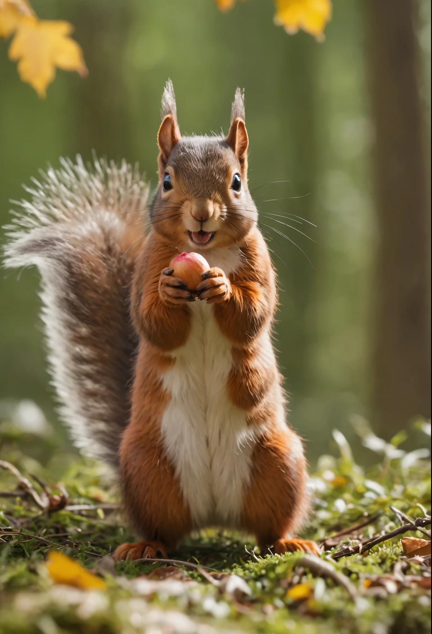 blurry, award winning wildlife ,squirrel,have an acorn fruit,smile ,close up photo, fine furry hair,in the forest,Face-to-face audience(medium long shot:1.4), 35mm film video still images, super realistic, photorealism,Photographed with Hasselblad H6D 100c, hcd 24mm lens, feeling hazy, cinematic dramatic lighting, cold and calm colors, (degrees of freedom:1.4), sharp focus, (perfect, authentic and highly detailed), amazing detail, disorganized, Ultra-realistic life-like textures, dramatic lighting