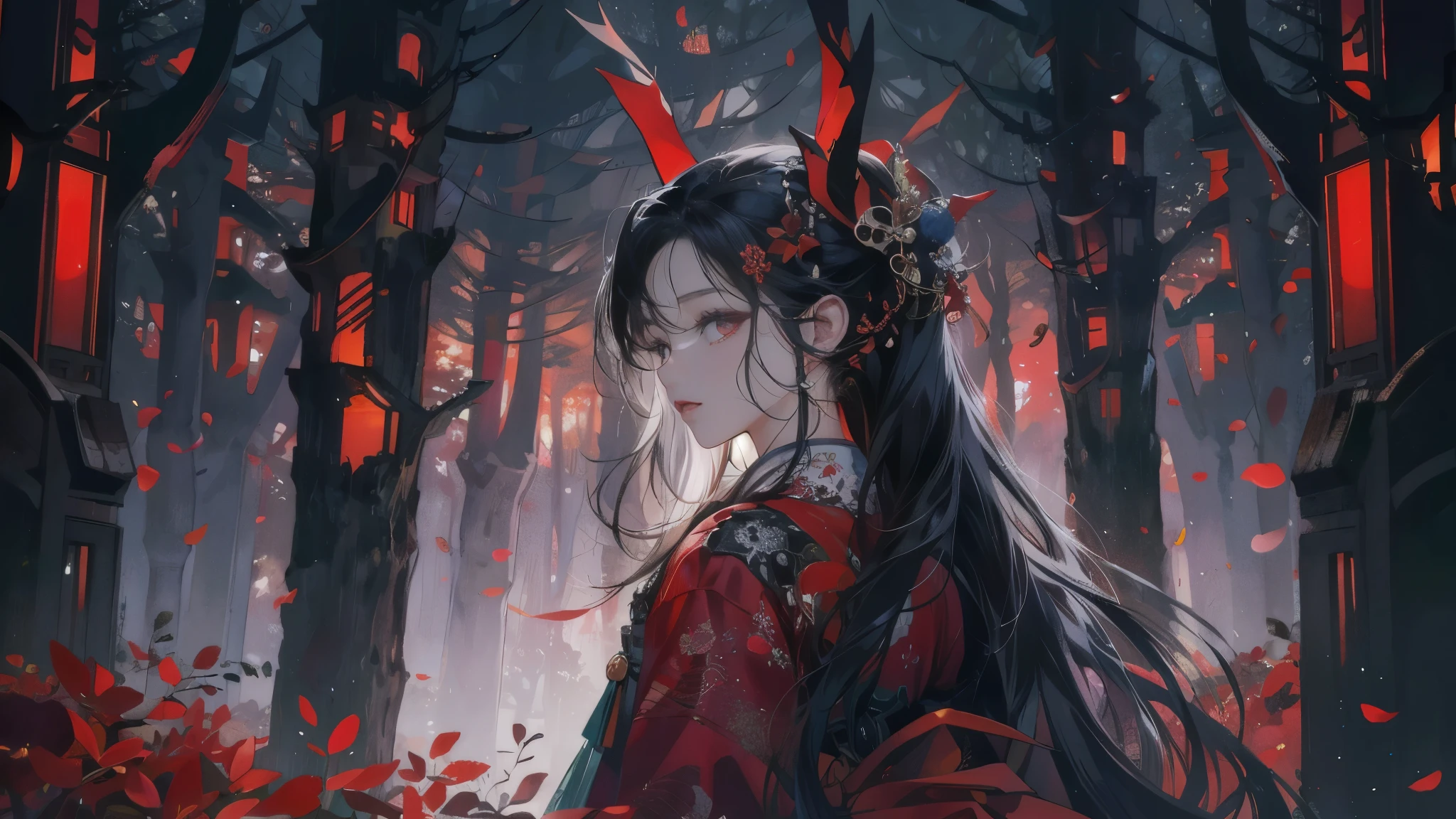 One Korean woman, Hanbok, person placed on the right, night background, dark forest, red beast's eyes beyond the forest, horror atmosphere, perfect face, ultra high definition, ultra high detail, 8K