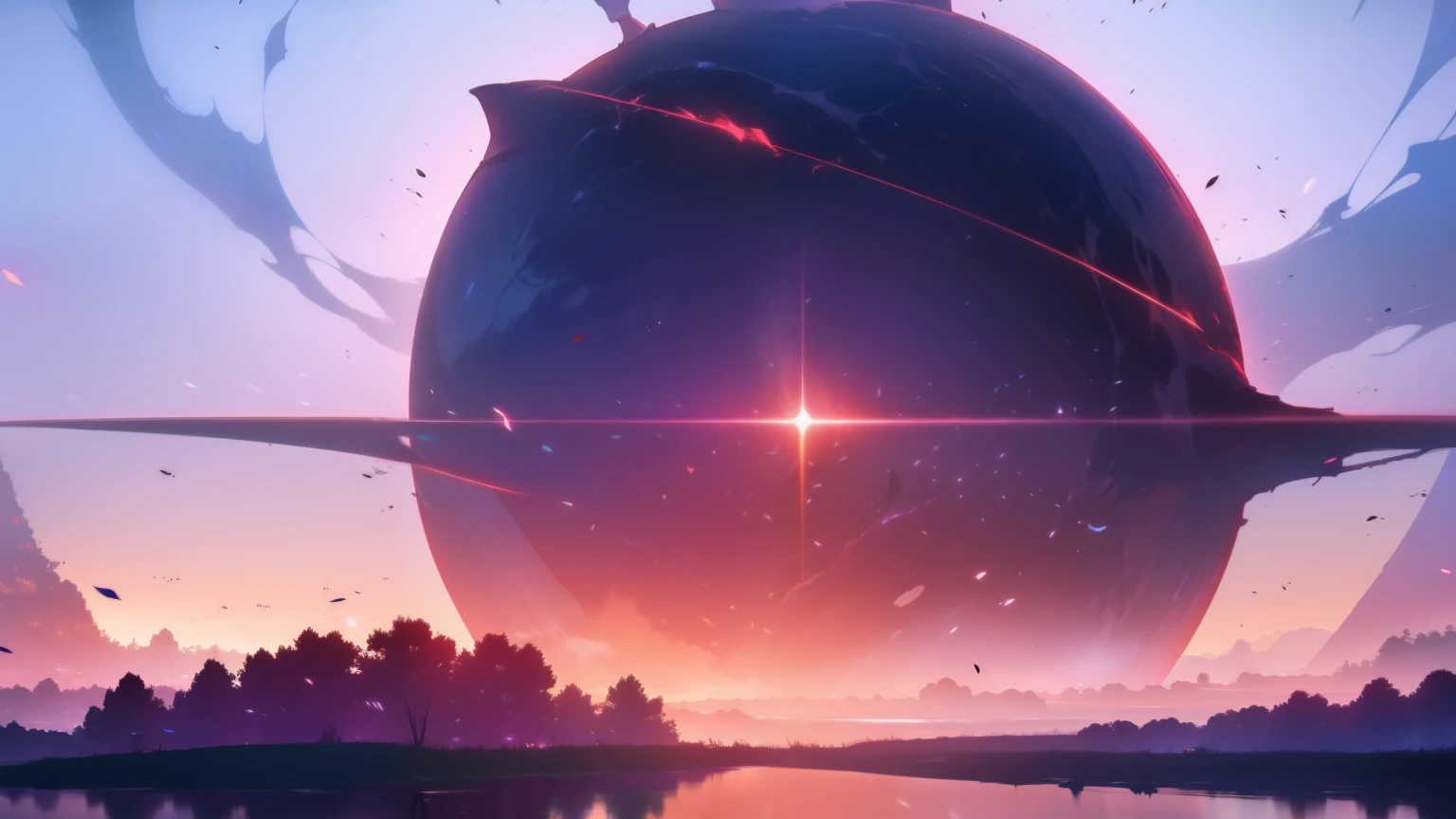 landscape, masterpiece,gorgeous, horizont,magic, flowers, artistic, red, dust, moon, best quality, colorful, reflections, fog, house, cosmic,fireflys, deatiled,intricate, nature, ((no_humans)), star dust, flowers. particles
