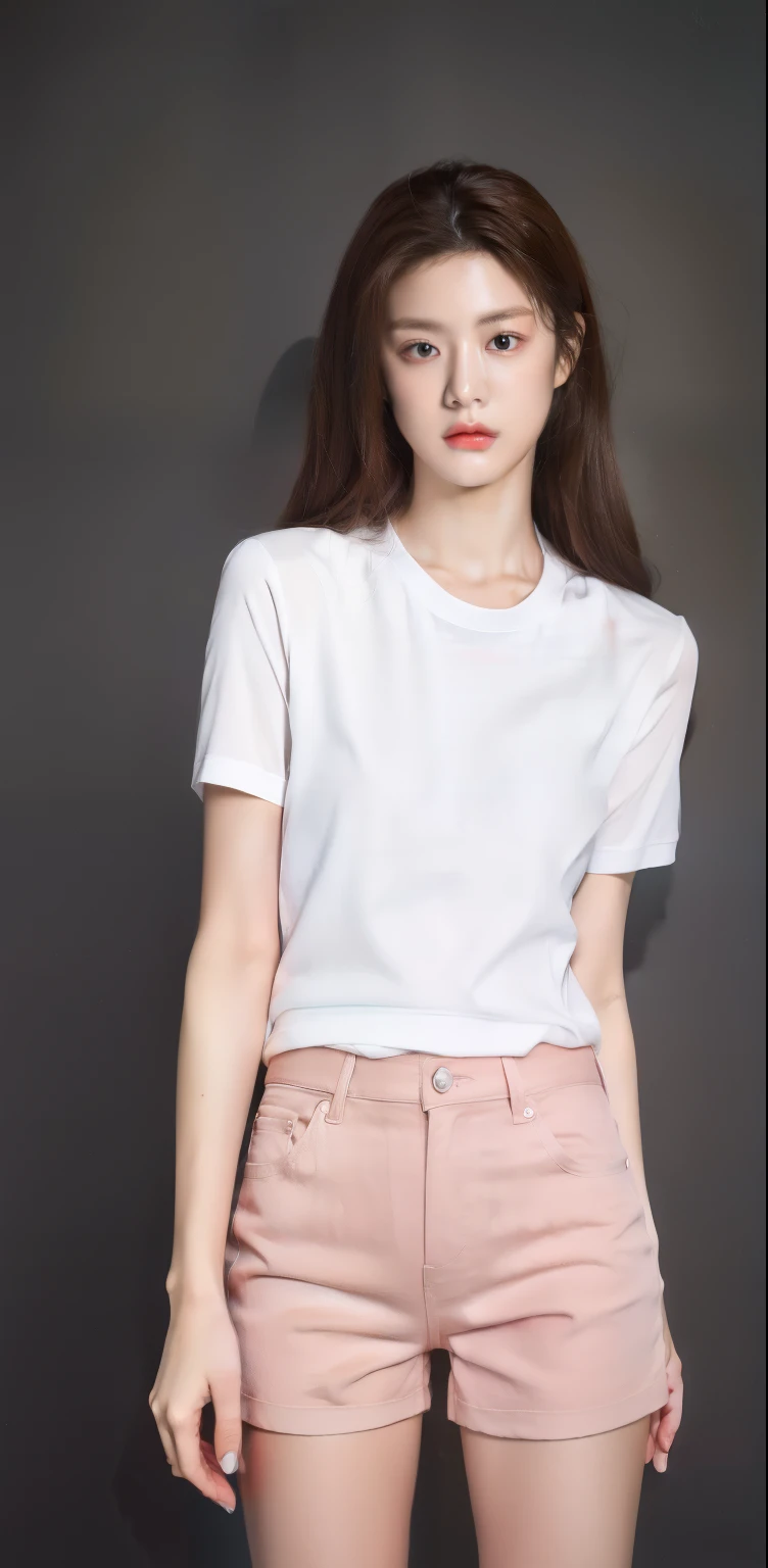 ((best quality, 8k, photo studio :1.3)), sharp focus :1.2, beautiful woman，Perfect body :1.4, Slim abs :1.2, ((Dark brown hair,breast :1.2)), (White long dress shirt)(Shirt button fastening.), White background:1.2, Highly detailed facial and skin textures, delicate eyes, double eyelids,Fashion model posing,Cowboy shooting,pink shorts,shadow,