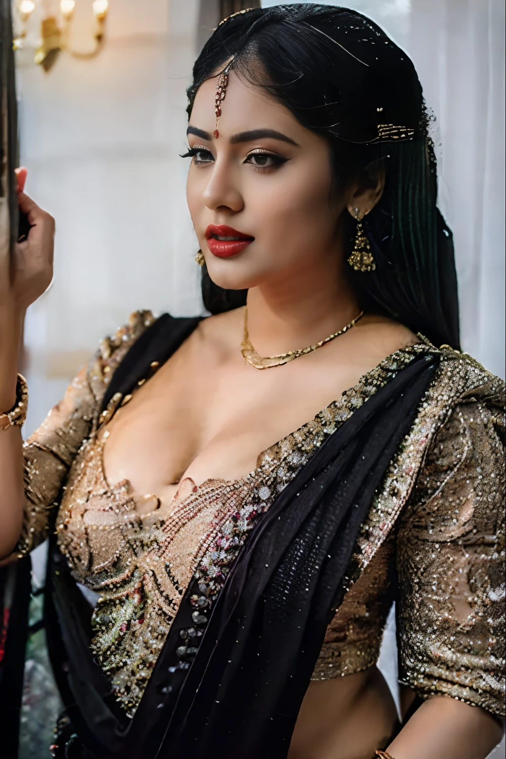 Huge clevage big bubs women black saree in red lips sexy thine weaste 