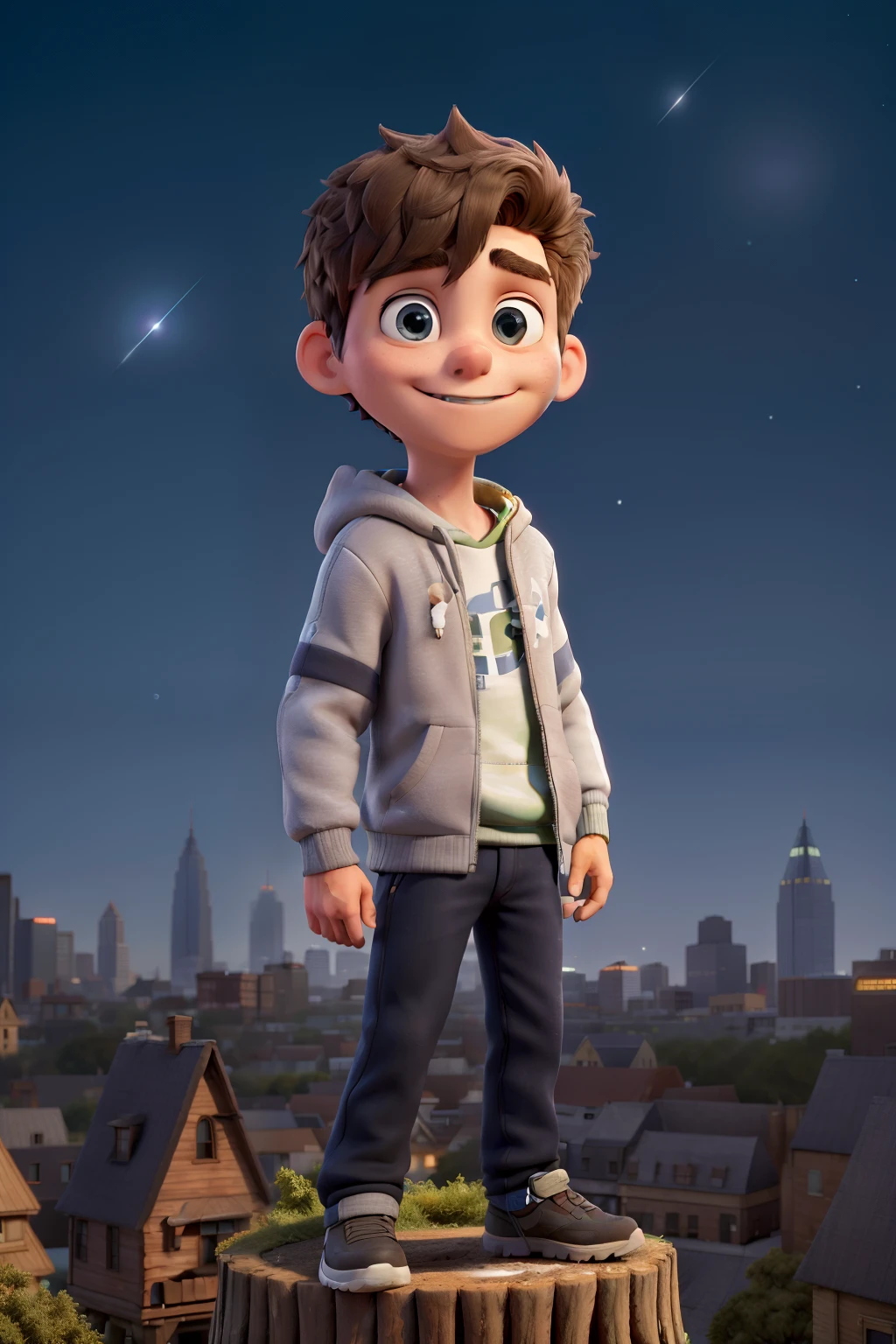 The background is a city, Perfect boy with,hoody, short  hair, greene eyes, super heacap raiders, ssmile, Night Core, Stand on a tree, looking at the stars, Super detailed face，There are blemishes and a little dark circle under the eyes.